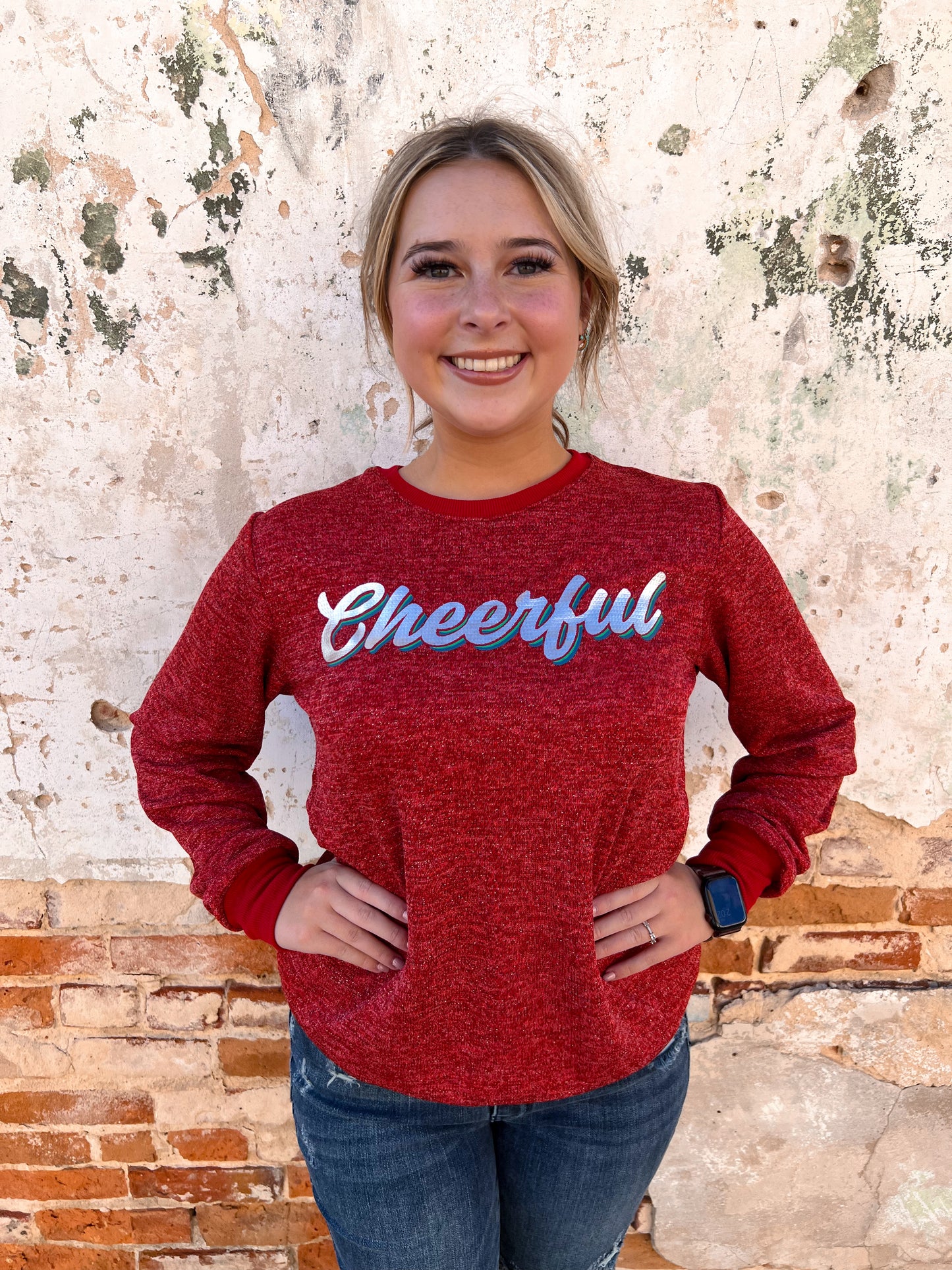 Cheerful on Sparkly Glitter Sweatshirt-Graphic T-Shirt-Southern Grace Wholesale-Bin b6-The Twisted Chandelier