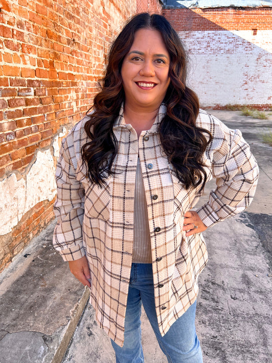Layla Taupe Long Sleeve Shacket - Plus-Jacket-She & Sky-BIN A2,FD 10/15/24-The Twisted Chandelier
