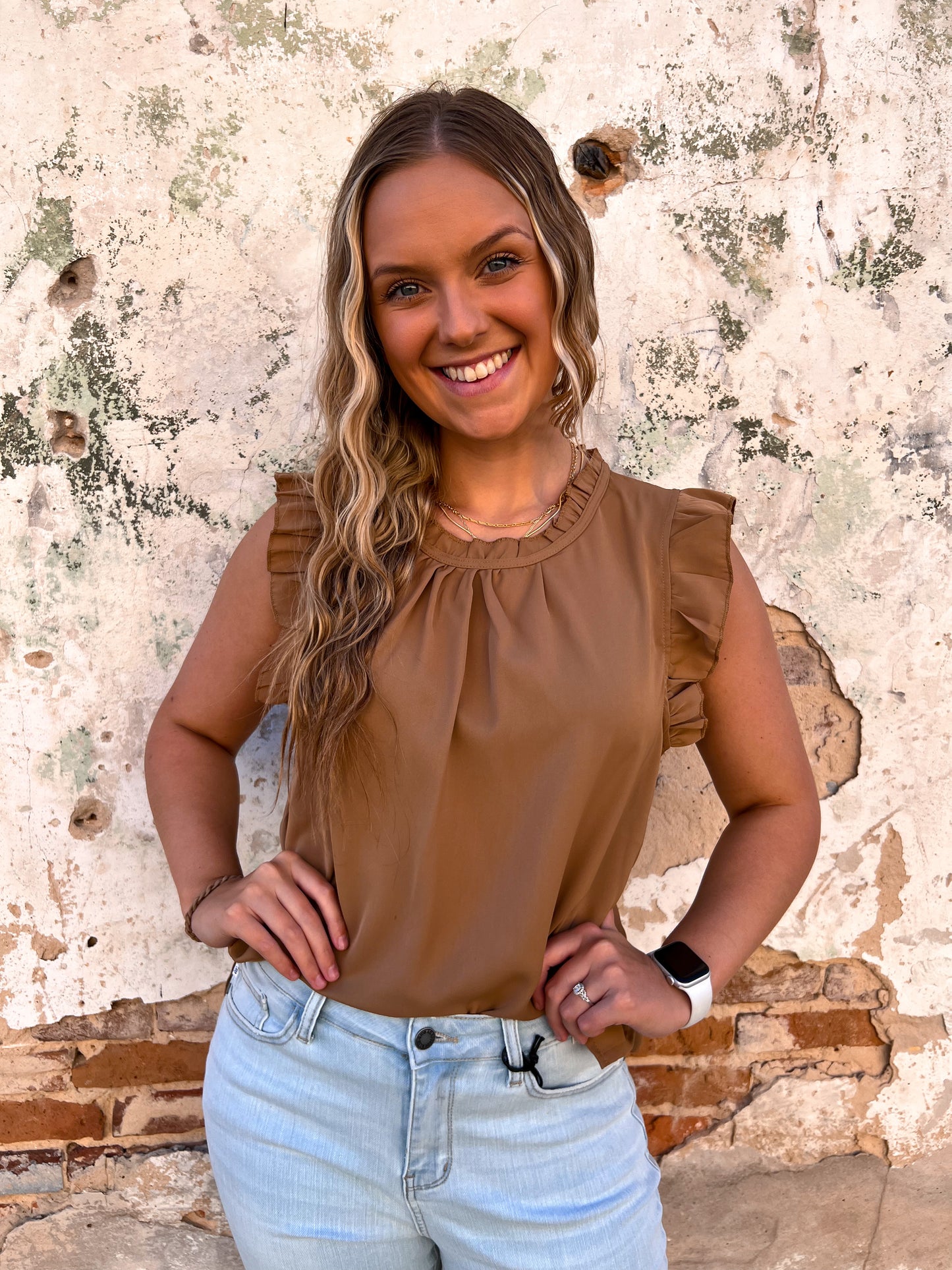 Juanita Ruffle Sleeve Blouse Tan-Shirt-Southern Grace Wholesale-8/8/23-The Twisted Chandelier
