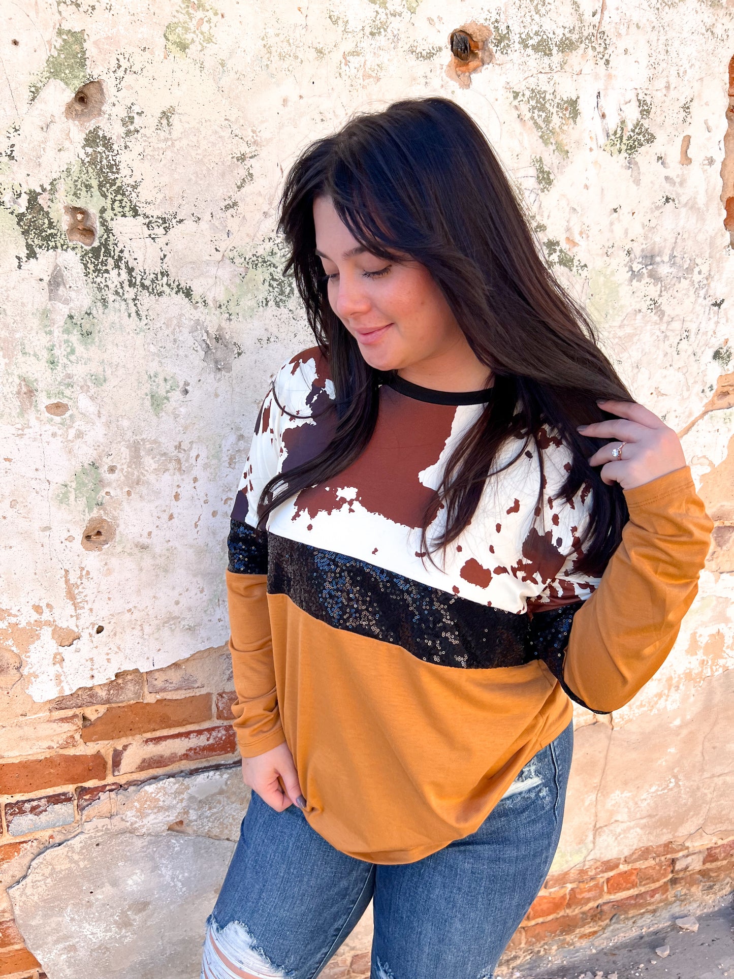 June Cow Print and Sequin Top-Top-Your Fashion Wholesale-FD OCT312022, LEOPARD, t6, winter-The Twisted Chandelier