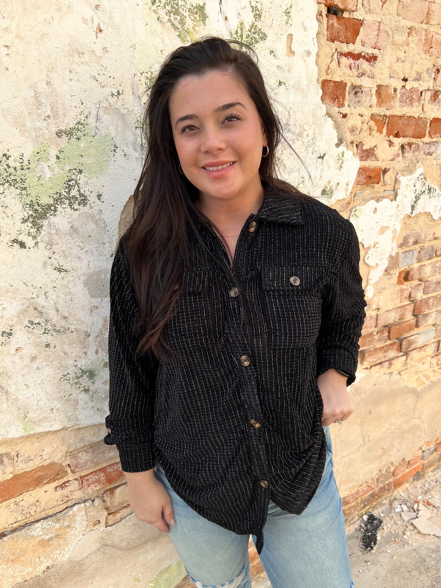 Maria Sparkly Button Up Top-Apparel & Accessories-Southern Grace Wholesale--The Twisted Chandelier