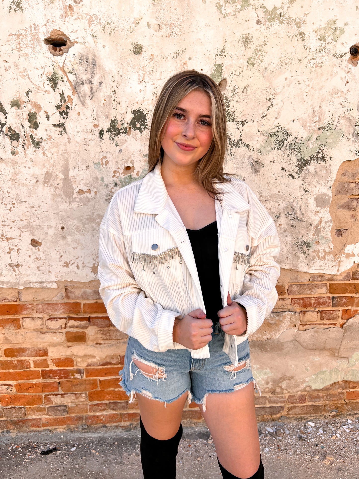 Natalie Rhinestone Cropped Jacket - White-Jacket-Andree-BIN C2-The Twisted Chandelier