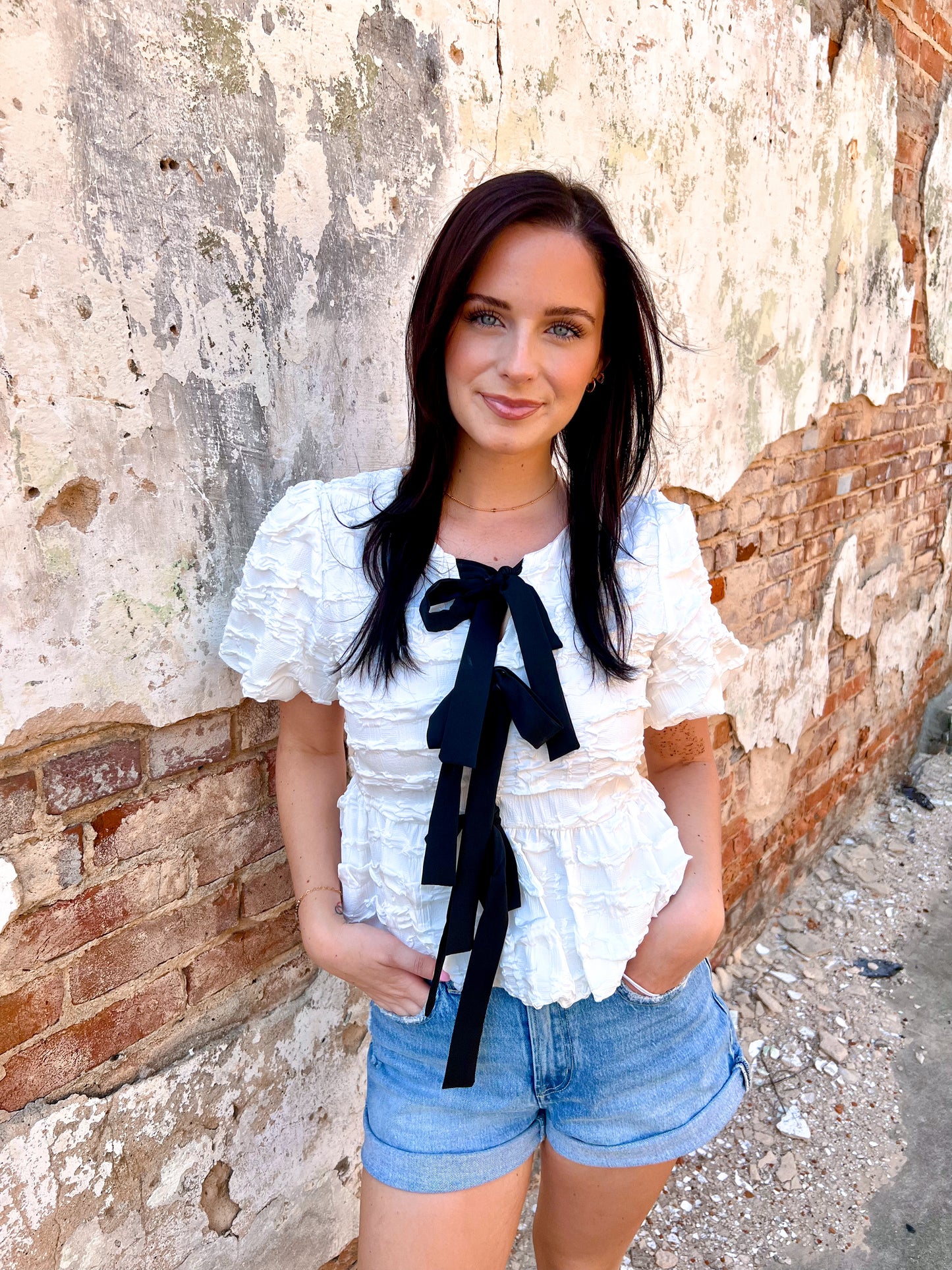 Brooklyn Bubble Babydoll Blouse With Textured Fabric And Contrast Bow-Blouse-idem ditto-Bin B1,FD 02/18/25,Tops Collection-The Twisted Chandelier