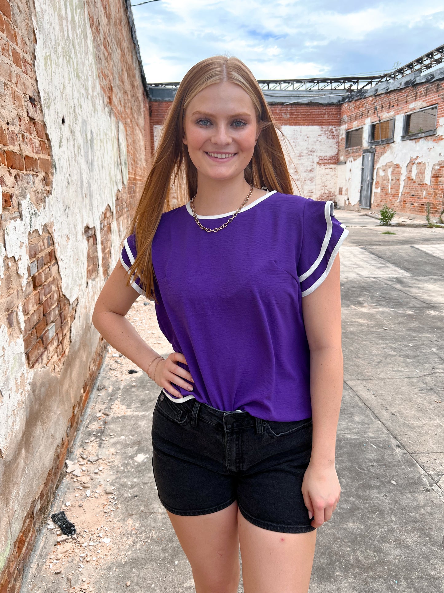 Maria Ruffle Sleeve Contrast Piping Top - Purple-Apparel & Accessories-She & Sky-10/11/24,12/26/24,1st md,gameday,Max Retail,OGP 39.99,SY6057,Tops Collection-The Twisted Chandelier