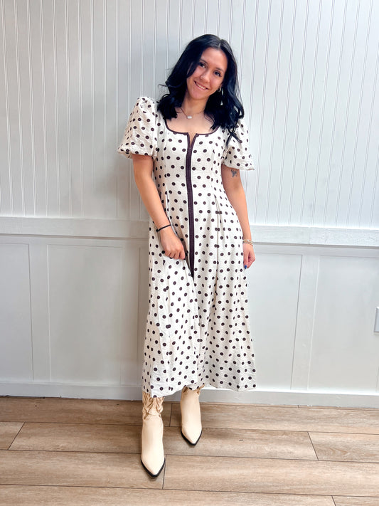 Vivi Polka Dot Short Puff Sleeve Midi Dress-ENTRO-D30640,DJR,FD 04/30/26-The Twisted Chandelier