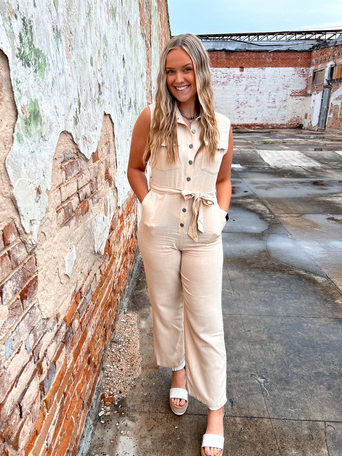 Eileen Cream Button Down Waist Tie Sleeveless Jumpsuit-Jumpsuits & Rompers-Lucky & blessed-BIN A3, JP203-CRM-The Twisted Chandelier
