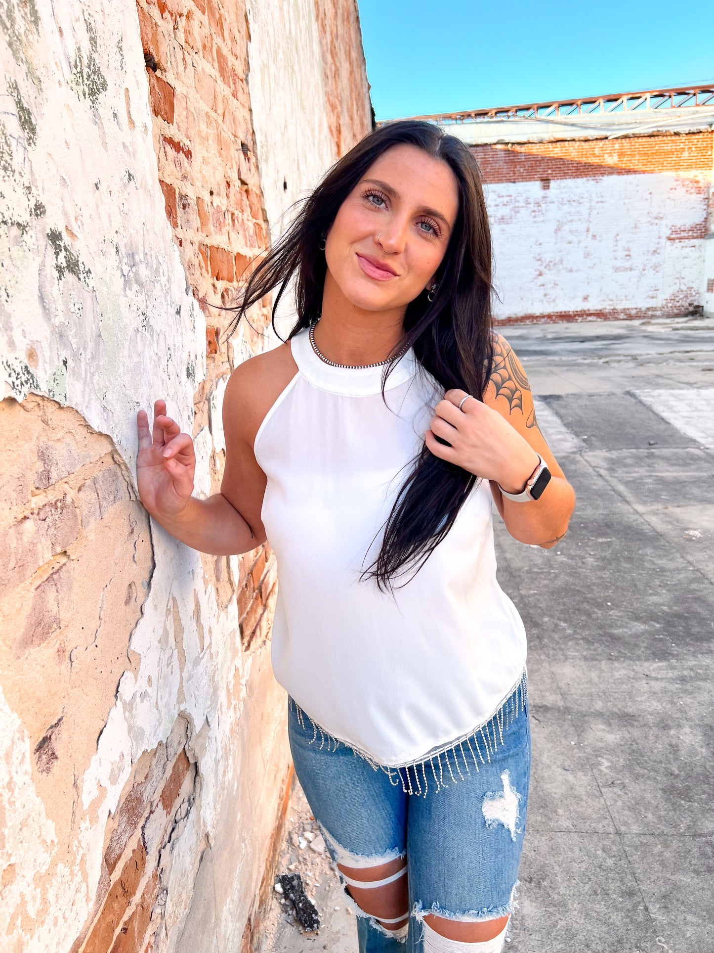 Maelani White Top With Rhinestone Fringe-Shirt-Southern Grace Wholesale-6/27/23-The Twisted Chandelier