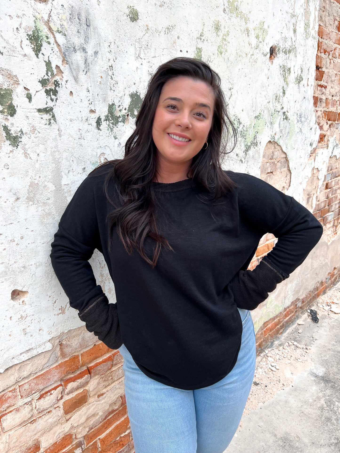 Melanie Cotton French Terry Knit Top with Thumb Hole Cuffs-Shirt-BiBi-BIN A4, BT2658-01-The Twisted Chandelier