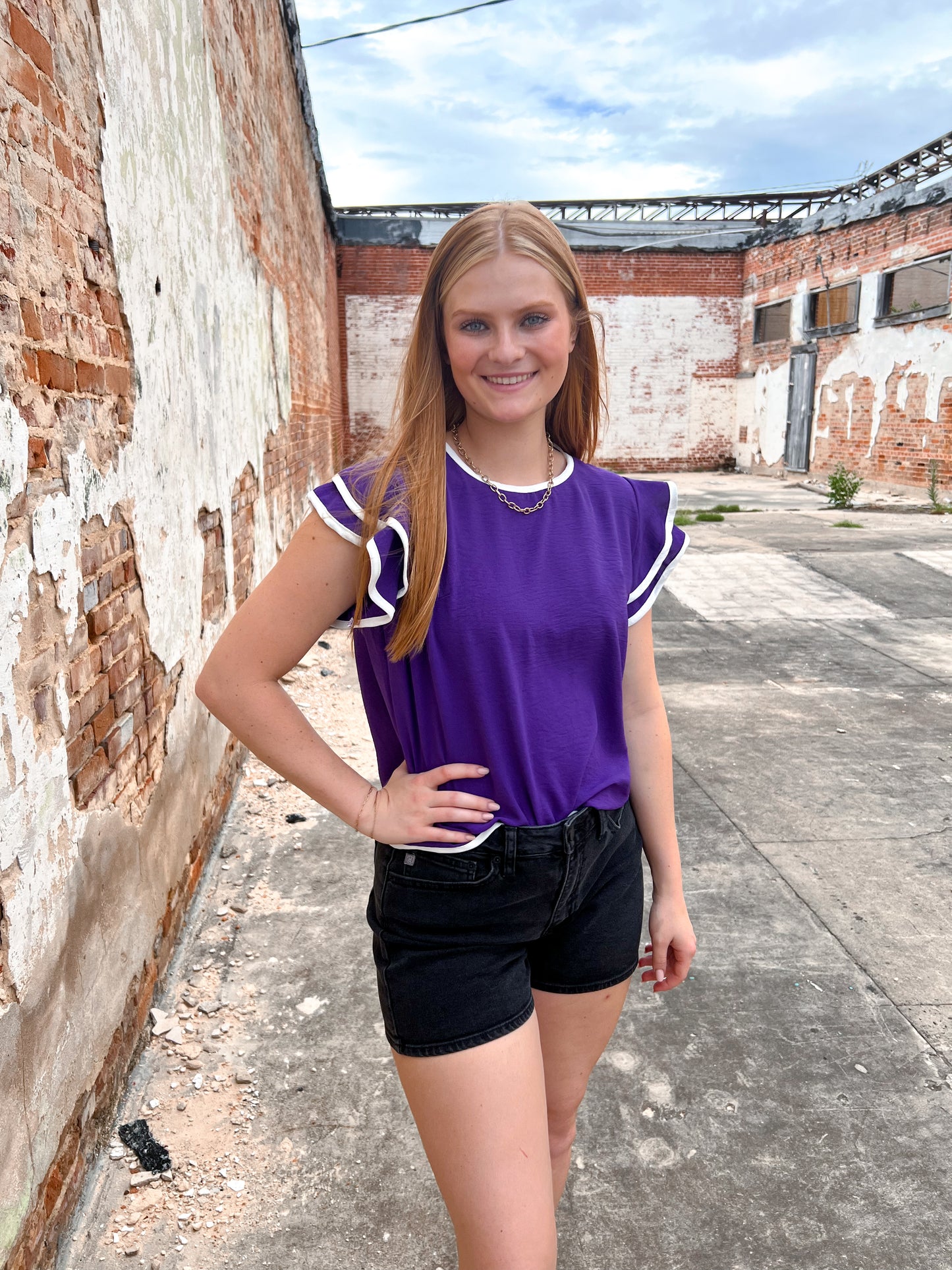 Maria Ruffle Sleeve Contrast Piping Top - Purple-Apparel & Accessories-She & Sky-10/11/24,12/26/24,1st md,gameday,Max Retail,OGP 39.99,SY6057,Tops Collection-The Twisted Chandelier