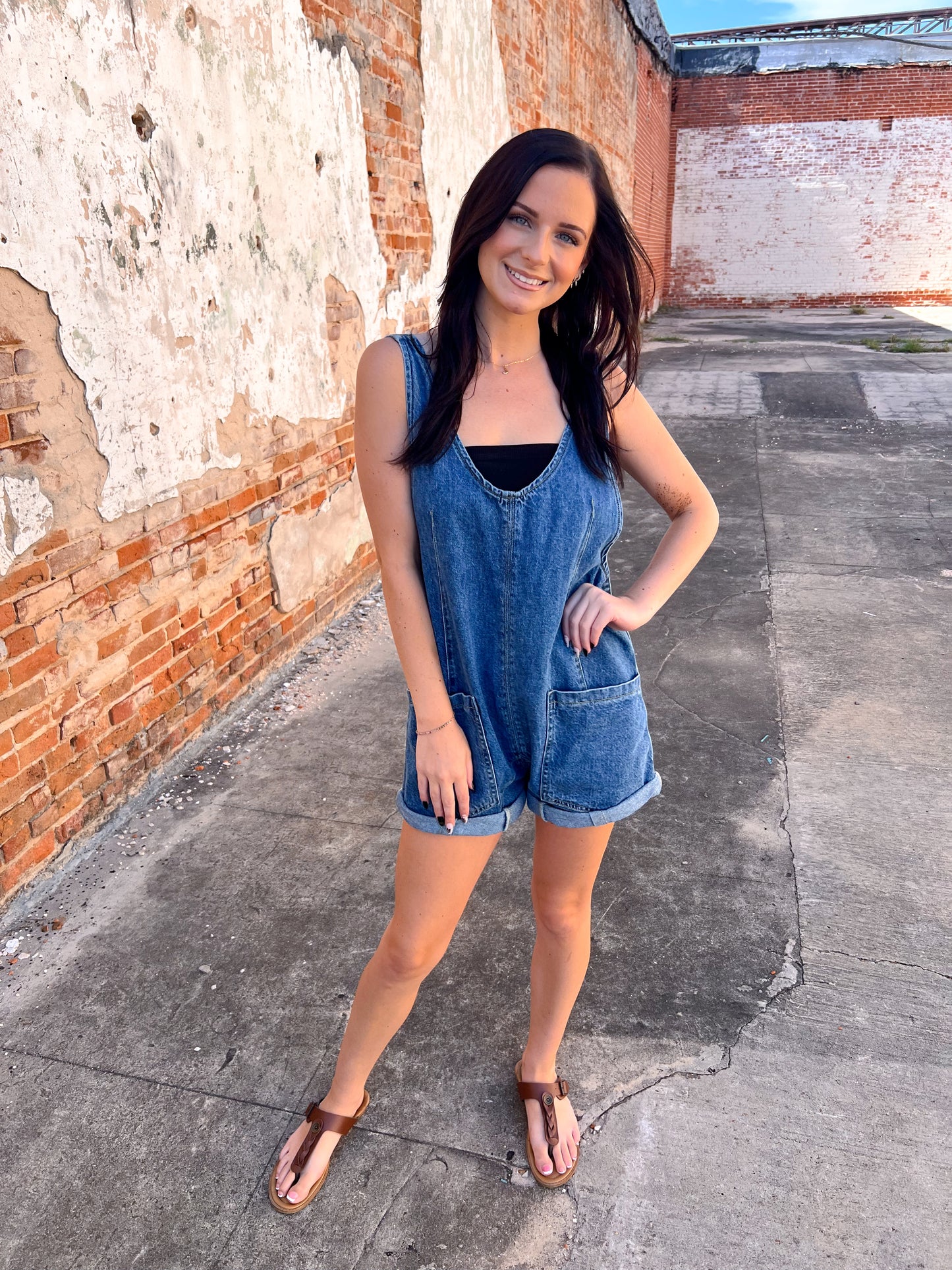 Lexie Denim Sleeveless Romper-Romper-ee:some-05/11/25,1st md,Bin d2,BK11619,DJR,OGP 67.99-The Twisted Chandelier