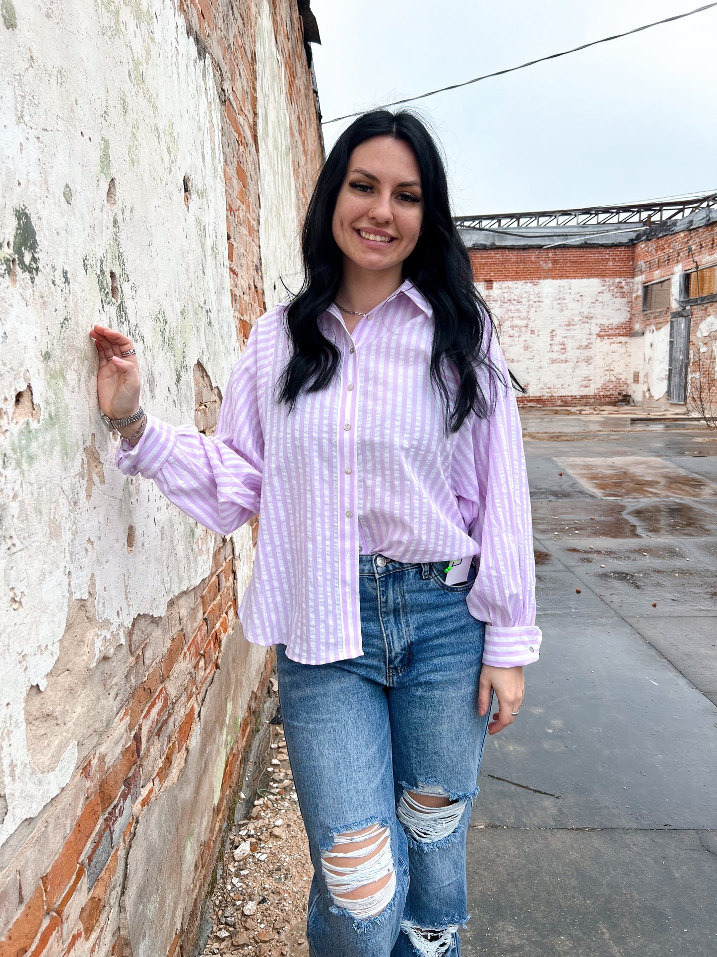 Blayne Button Down Cotton Lavender Striped Shirt-in february-FD 02/18/25,Tops Collection-The Twisted Chandelier