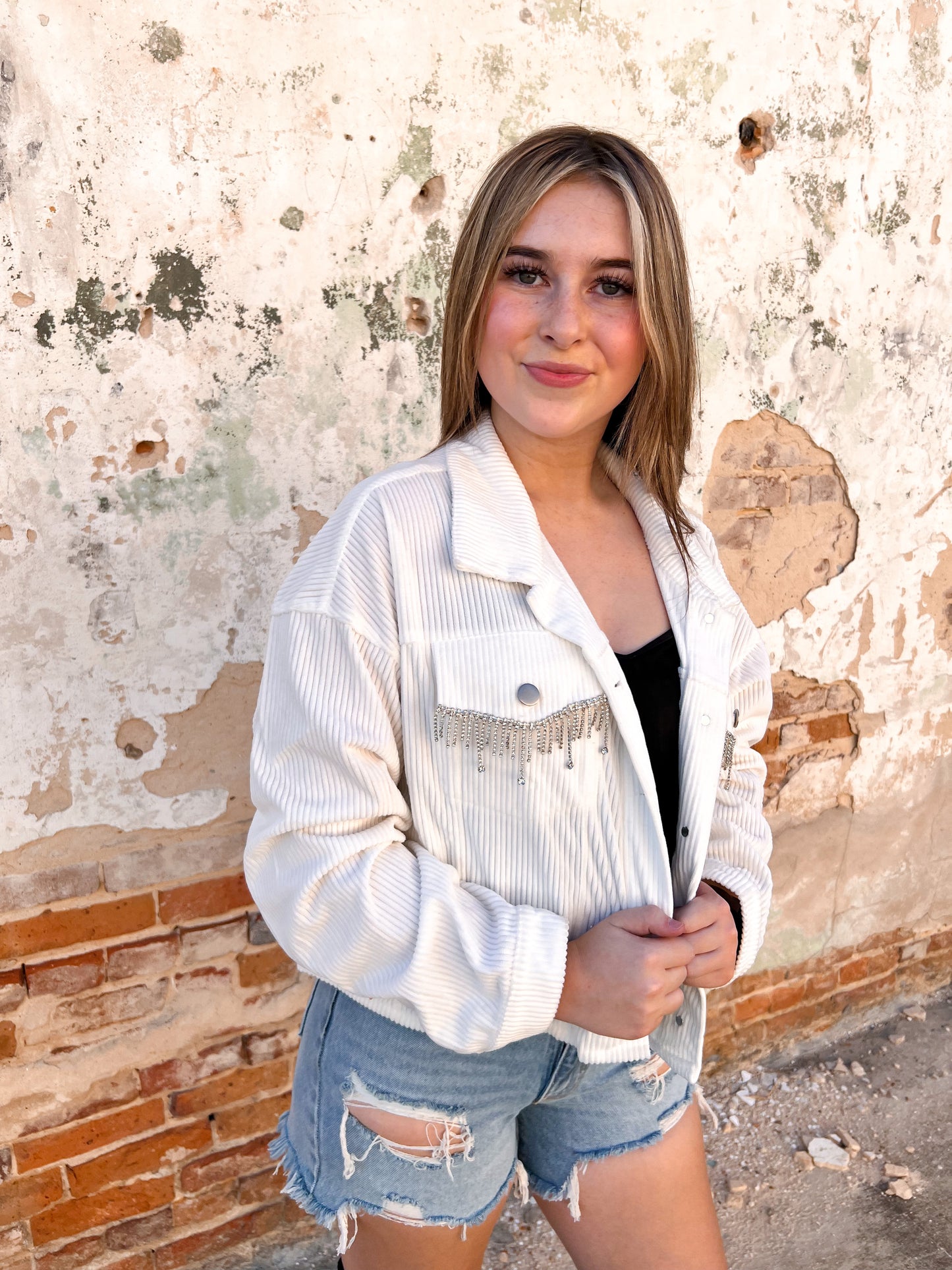 Natalie Rhinestone Cropped Jacket - White-Jacket-Andree-BIN C2-The Twisted Chandelier