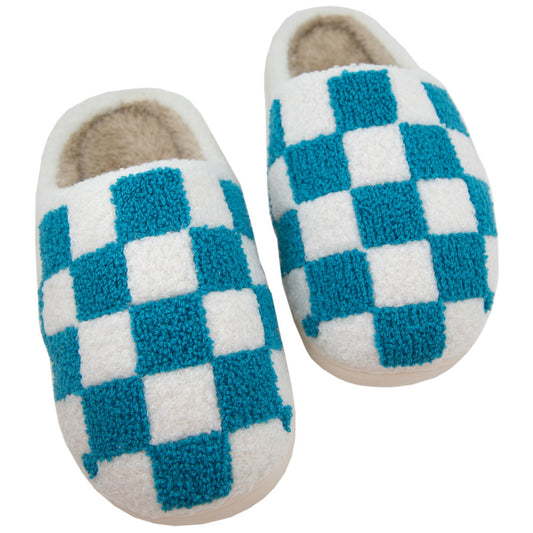 Teal Checkered Pattern Slippers-SHOES-KATYDID--The Twisted Chandelier