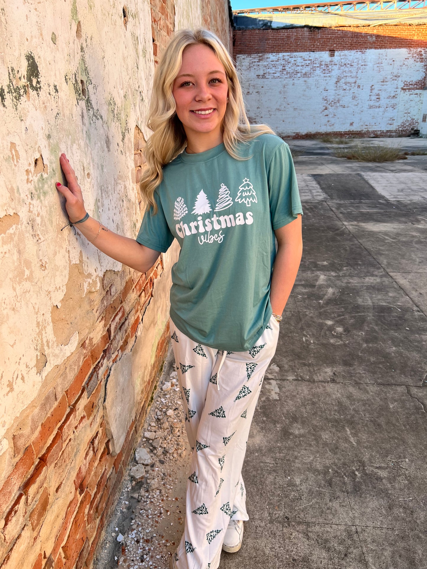 Christmas Pajamas Tree Printed Tee and Pants Lounge Set-fashionworks-Christmas tote ct2,FD 12/03/24-The Twisted Chandelier