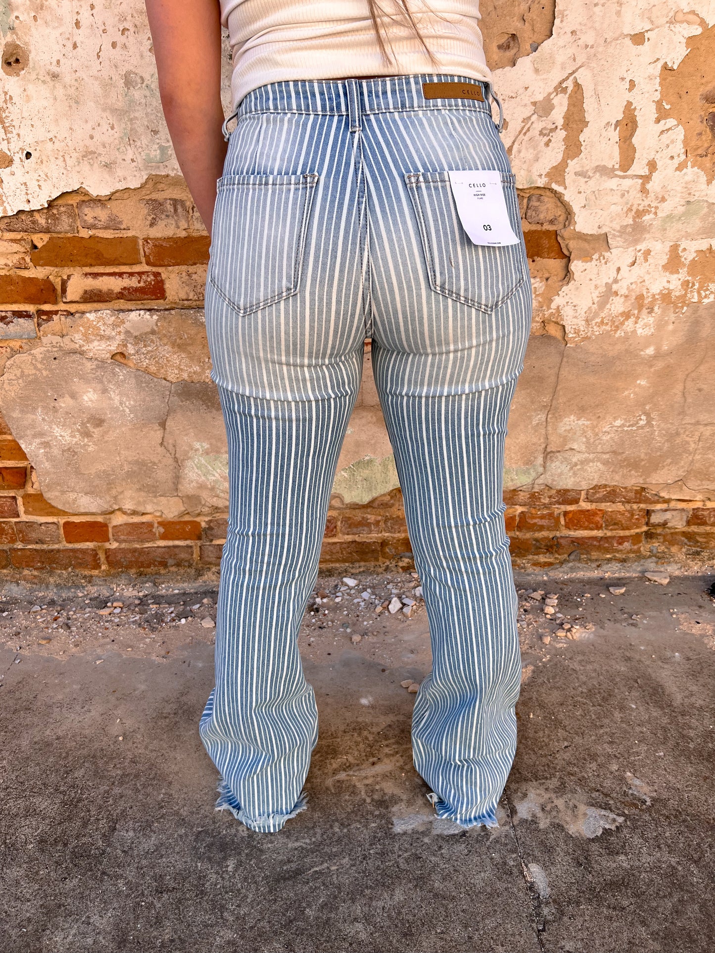 Magnolia Stripe High Rise Fray Hem Super Flare Cello Jeans-Pants-Cello-05/15/24, 09/06/23, 1st md, 2nd md, 3rd md, 8/09/23, Max Retail, WV38257STR-The Twisted Chandelier