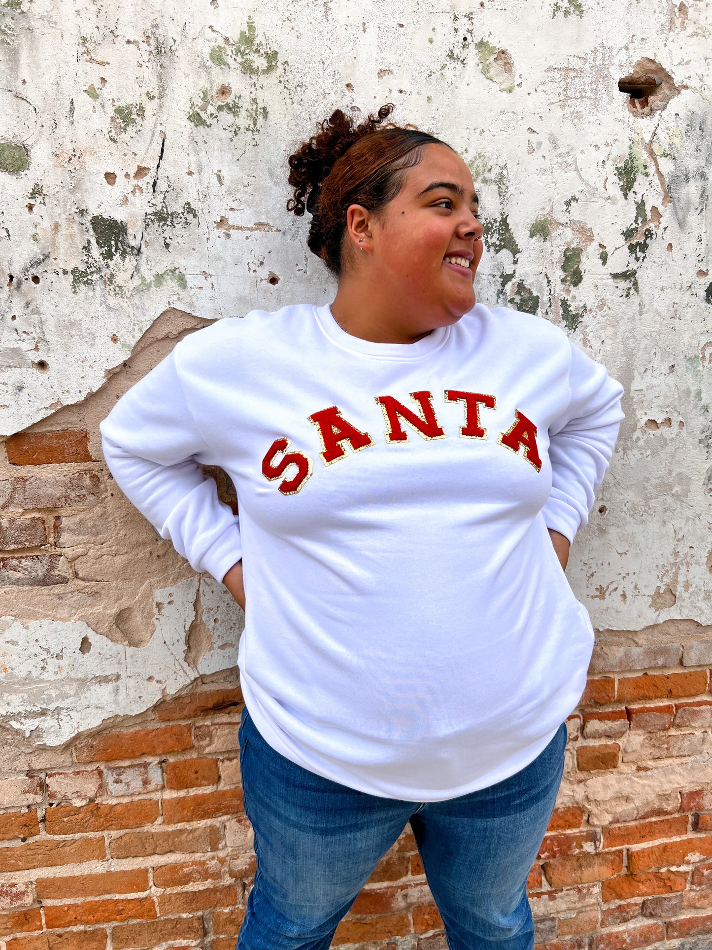Santa Chenille Sweatshirt in White-Shirts & Tops-Tees2urdoor-BIN C1, Christmas, RRRCT, white-The Twisted Chandelier