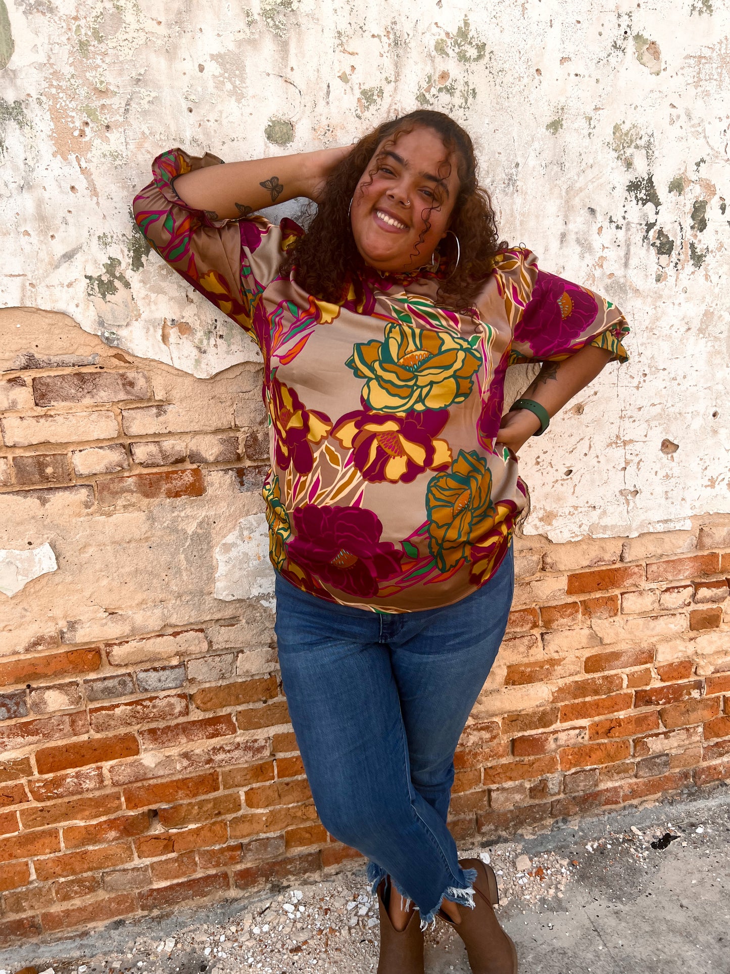 Aubree Floral Print Half Sleeve Mock Neck Top - Plus-TOPS-Entro-BIN A4-The Twisted Chandelier