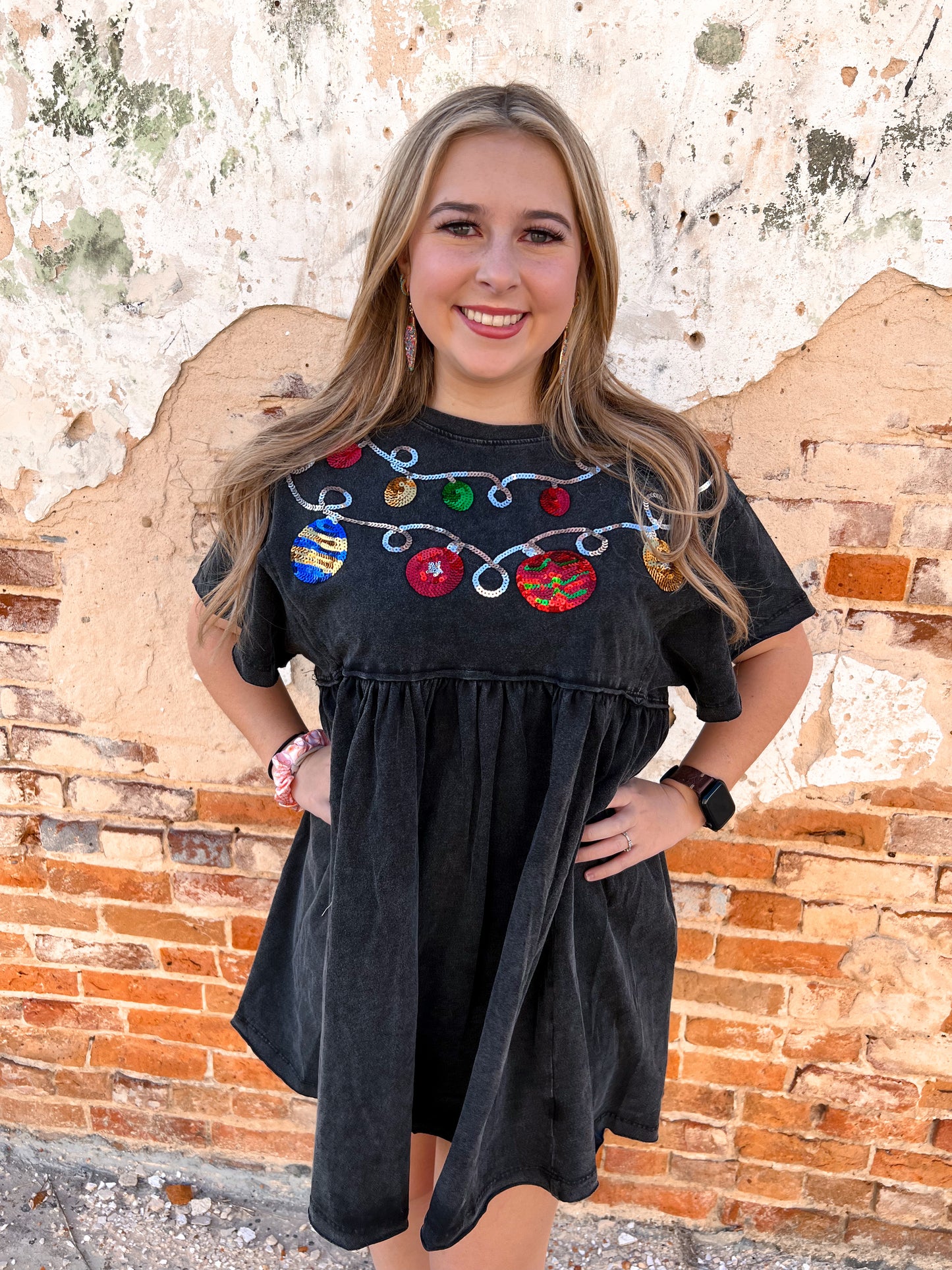 Arabella Christmas Sequin Trim Babydoll Washed Charcoal Dress-Dress-Main Strip-& Jumpsuits,DJR,Dresses,Max Retail,Rompers-The Twisted Chandelier