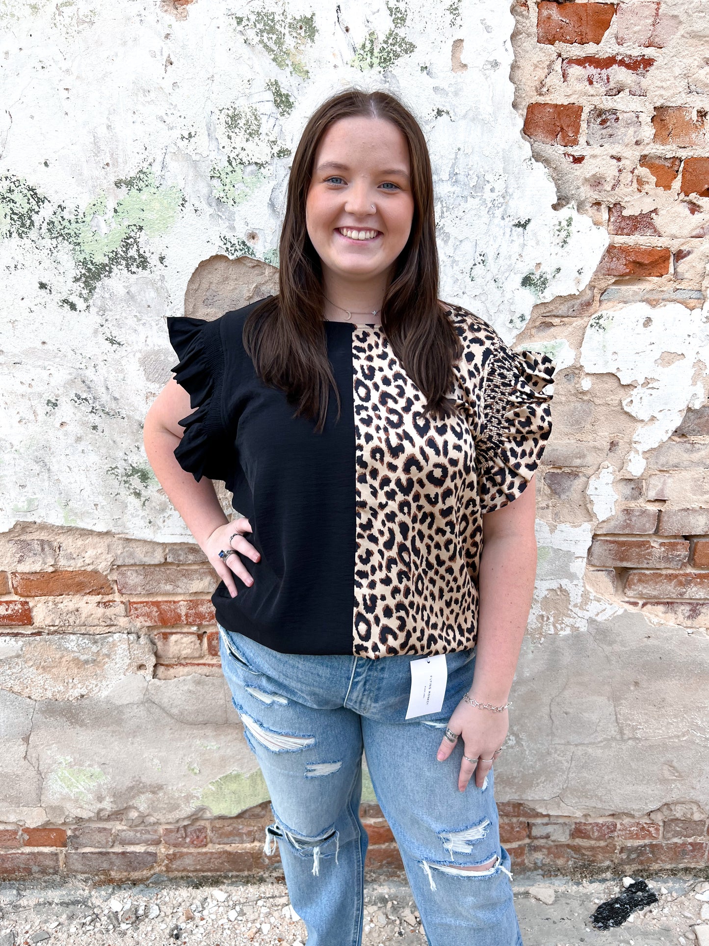 Phoebe Colorblock Leopard Ruffled Shoulder Top - Plus-Top-jodifl-FAVES, G9923-The Twisted Chandelier