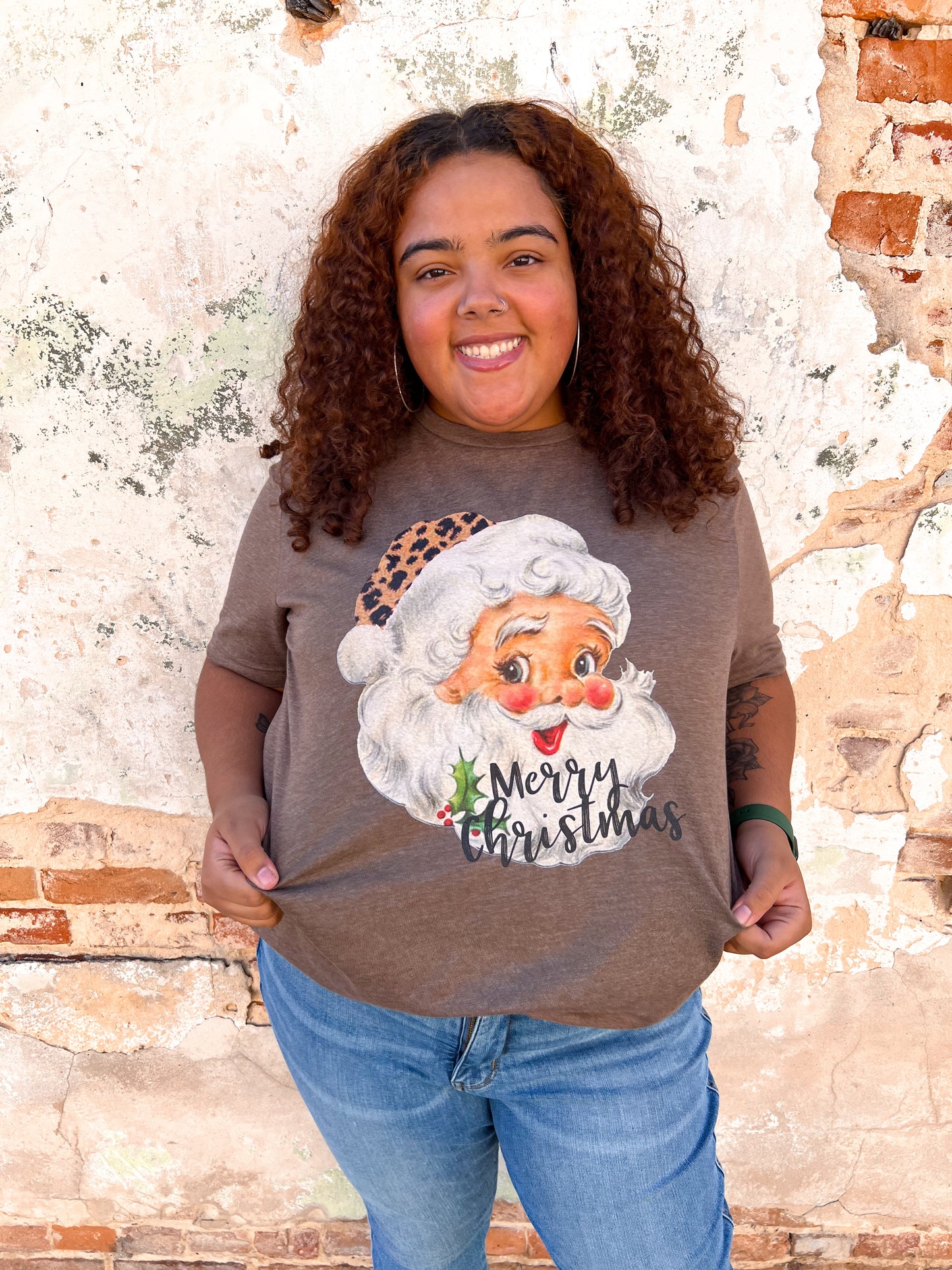 Merry Christmas Vintage Leopard Santa Graphic Tee - Plus-Shirts & Tops-Kissed Apparel-BIN C1, white-The Twisted Chandelier