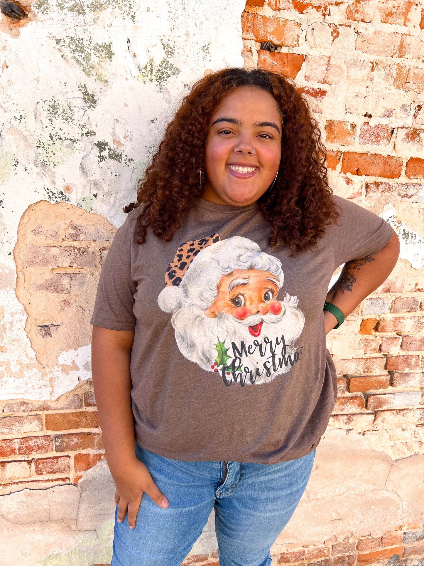 Merry Christmas Vintage Leopard Santa Graphic Tee - Plus-Shirts & Tops-Kissed Apparel-BIN C1, white-The Twisted Chandelier