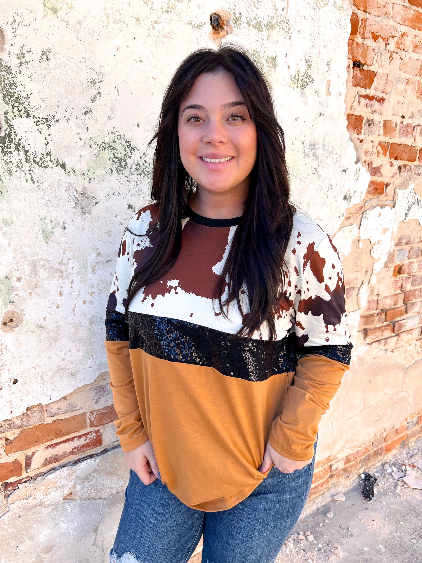 June Cow Print and Sequin Top-Top-Your Fashion Wholesale-FD OCT312022, LEOPARD, t6, winter-The Twisted Chandelier