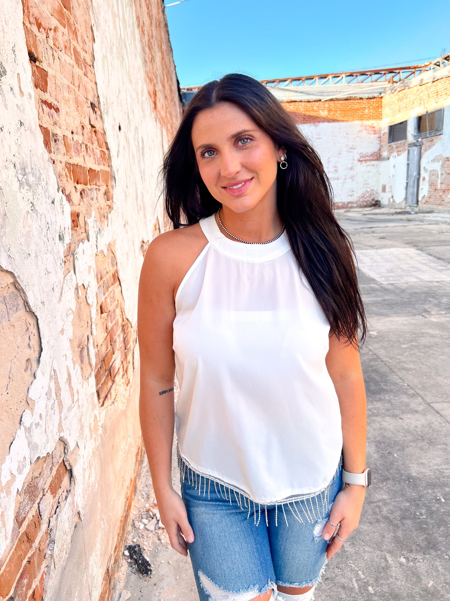 Maelani White Top With Rhinestone Fringe-Shirt-Southern Grace Wholesale-6/27/23-The Twisted Chandelier