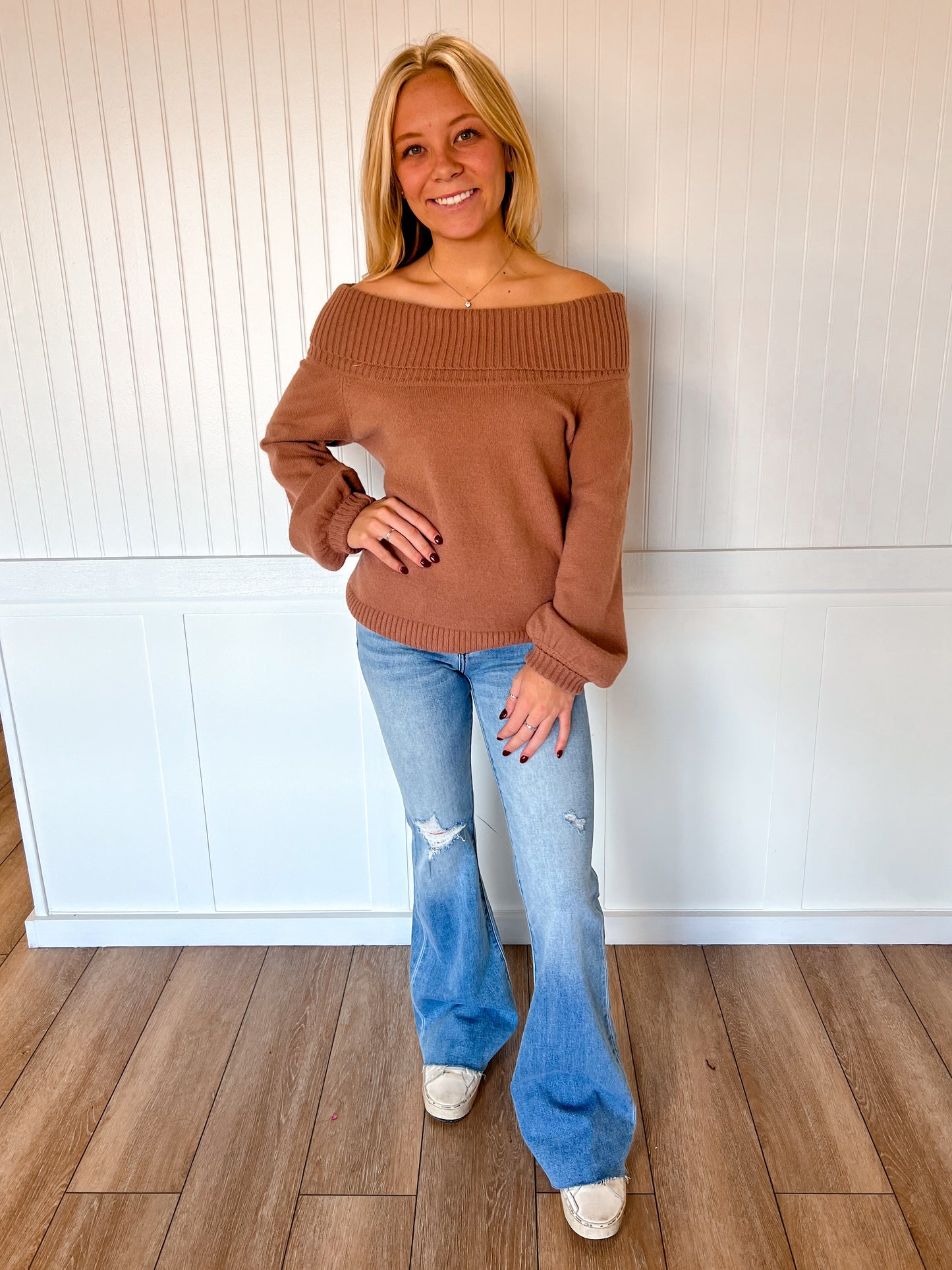 Mayci Ribbed Fold Over Off The Shoulder Knitted Sweater-Vine & Love-The Twisted Chandelier