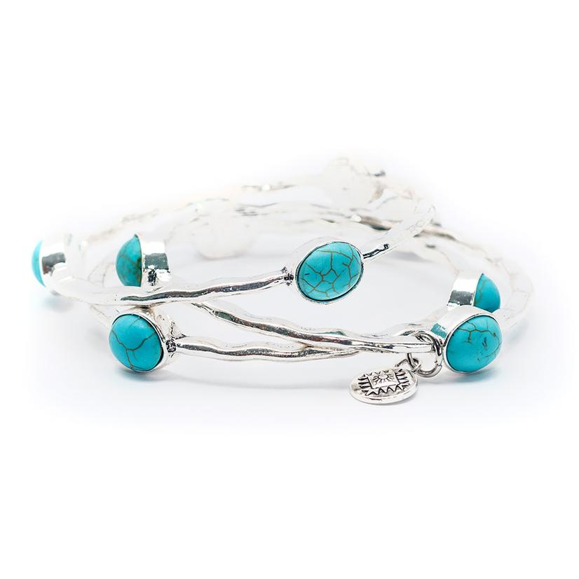 West and Co. Set of 3 Burnished Silver Bangles with Turquoise Oval Stones-Bangles-West and Co.--The Twisted Chandelier