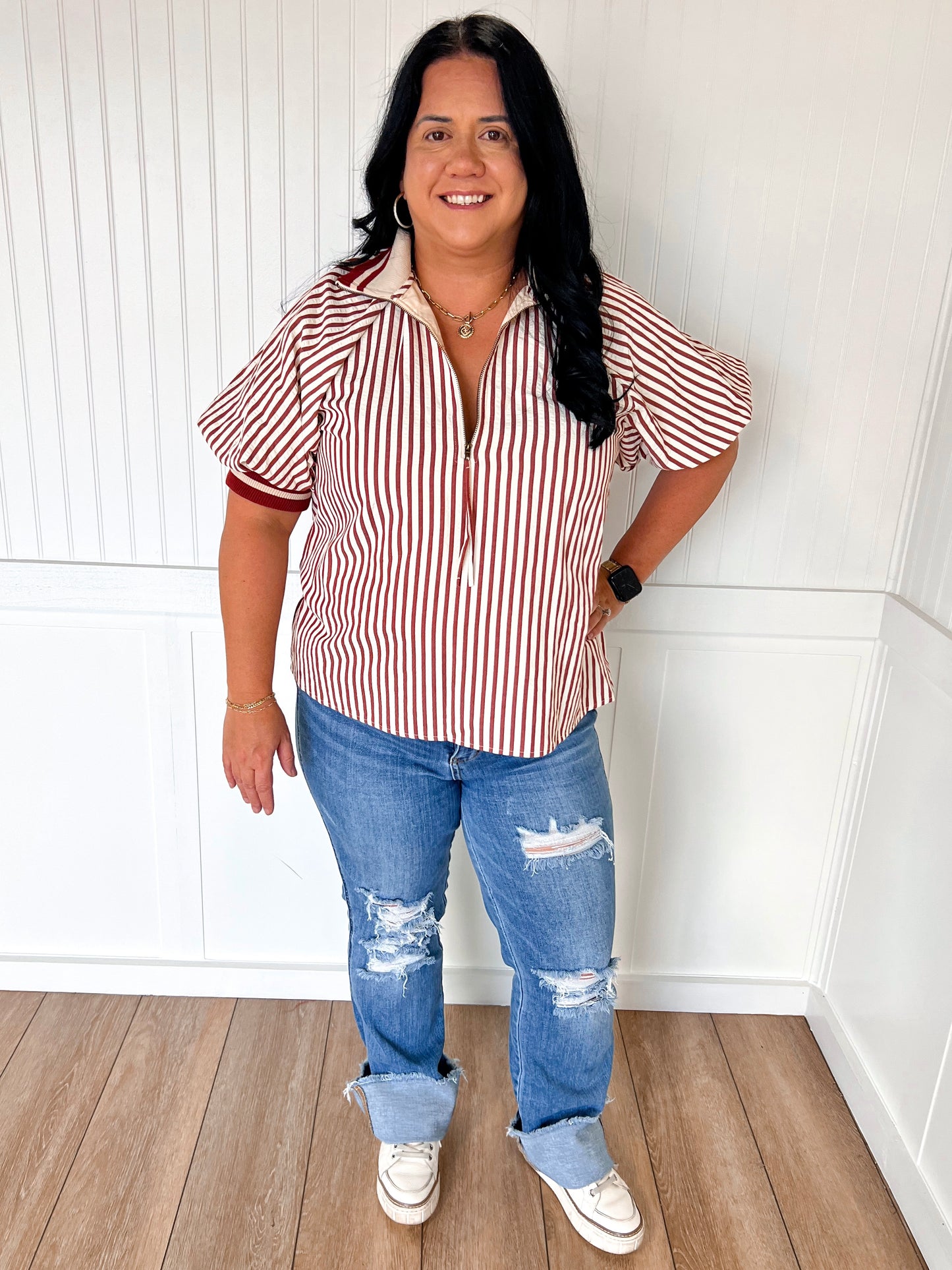 Rory Striped Collared Zip Top-The Twisted Chandelier-Bin B4,FD 10/23/25,Tops Collection-The Twisted Chandelier