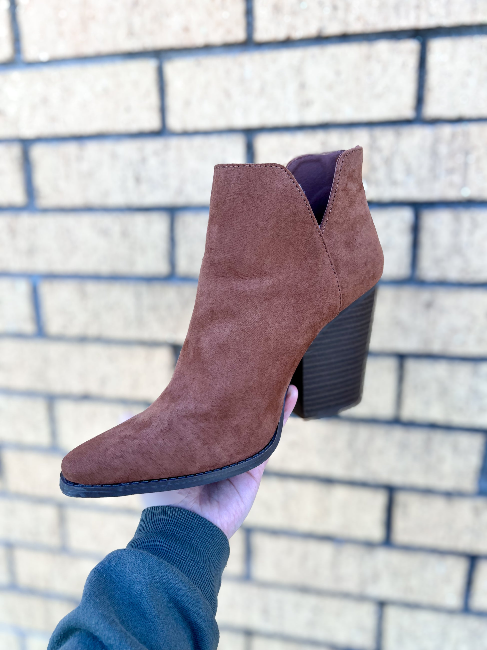 Camel Faux Suede Bootie-Boots-Qupid-09/12/23, Max Retail-The Twisted Chandelier