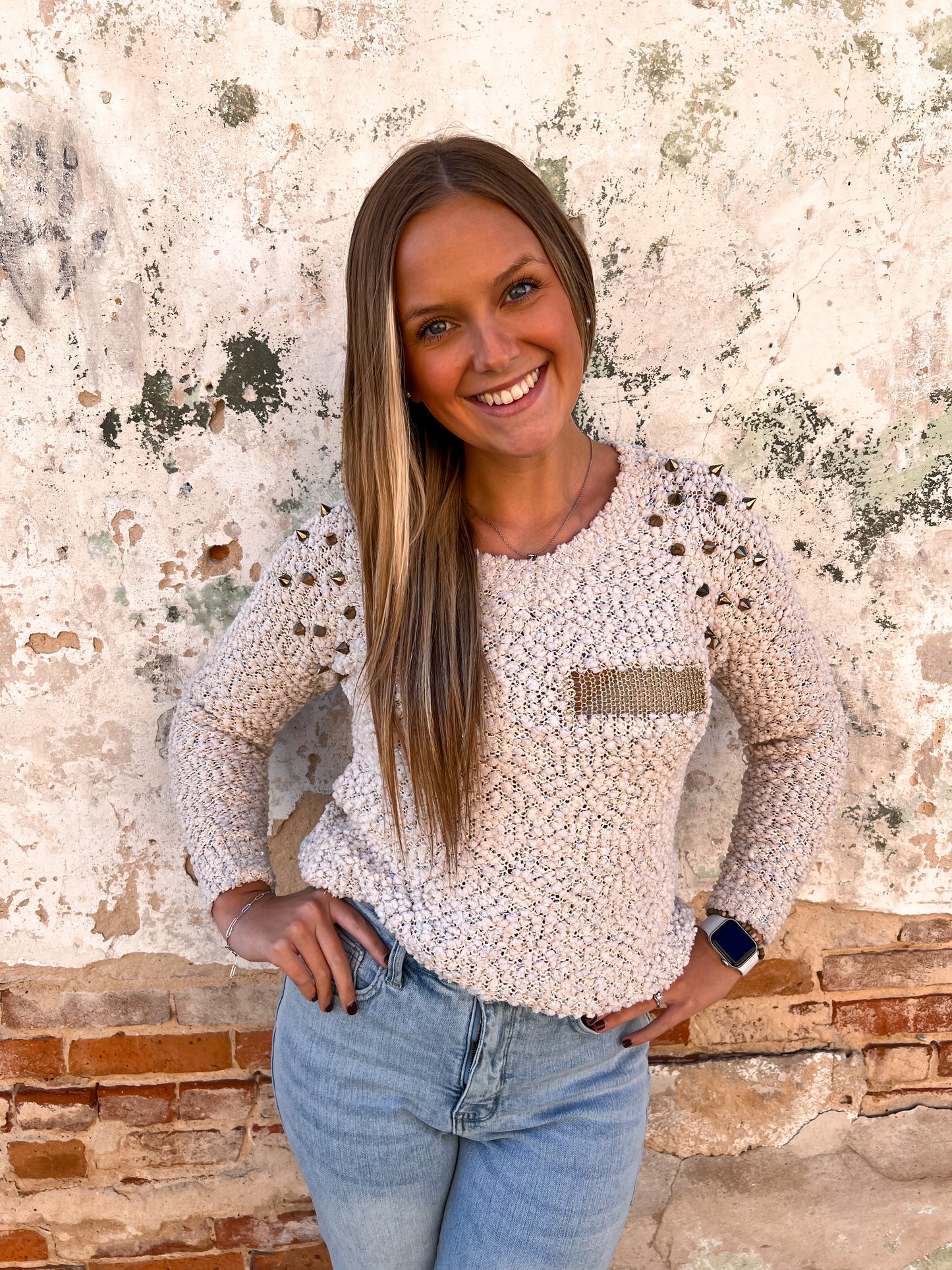 Laylin Cream Sweater with Gold Metal Studs & Mesh-Sweater-Vocal-20011L, t2-The Twisted Chandelier