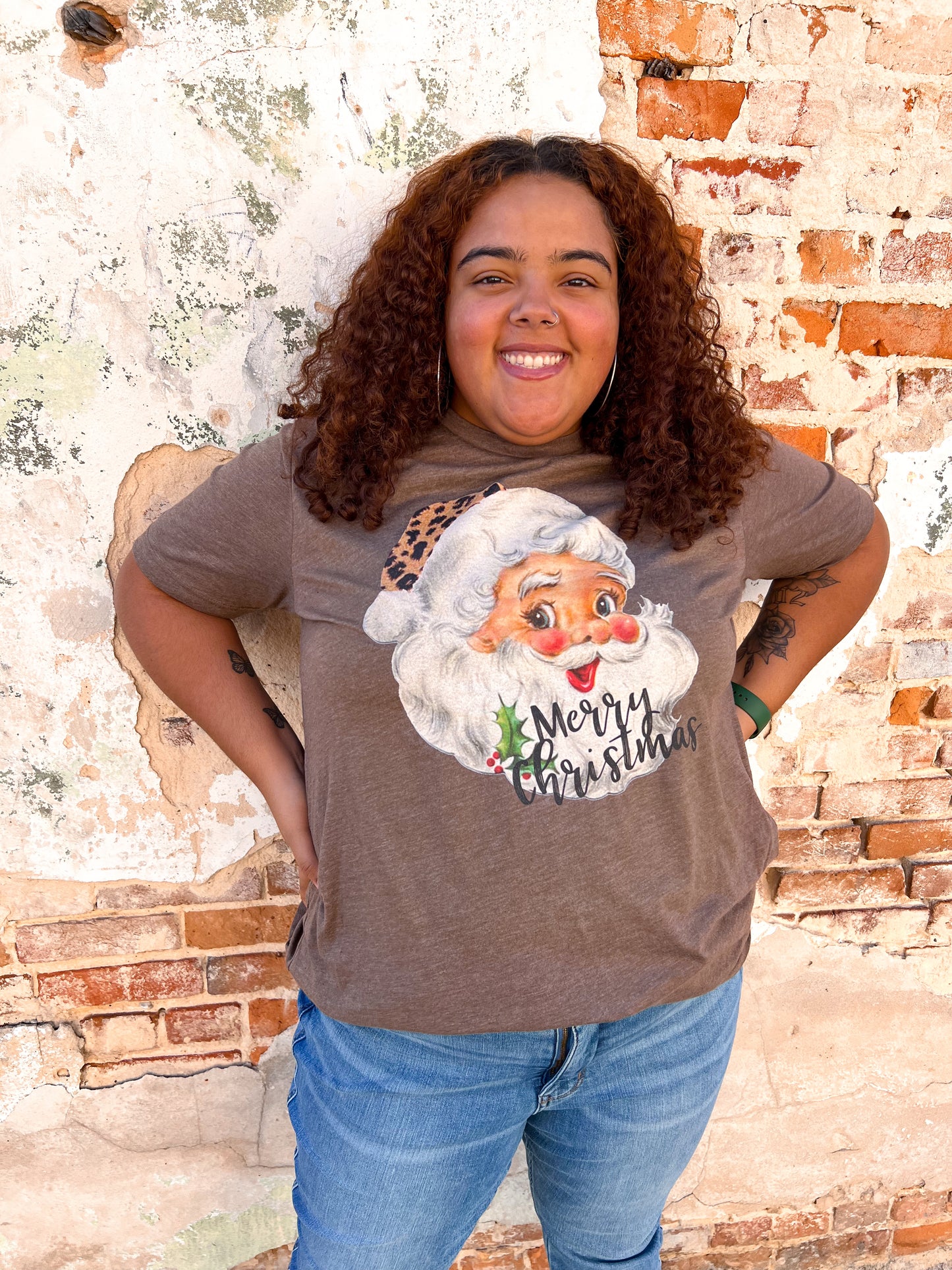 Merry Christmas Vintage Leopard Santa Graphic Tee - Plus-Shirts & Tops-Kissed Apparel-BIN C1, white-The Twisted Chandelier