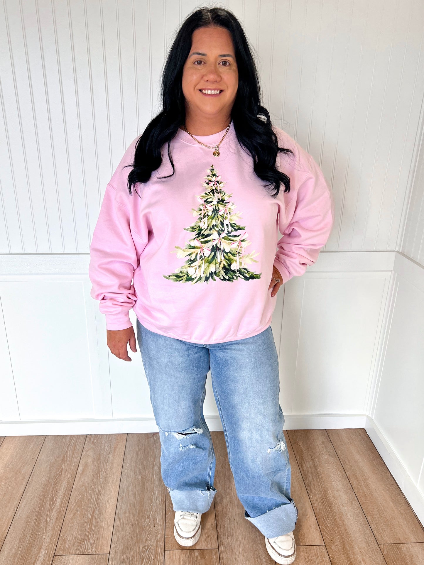 Pink Bow Christmas Tree Sweatshirt-Sweatshirt-Spirit+Tribe-Christmas tote ct1,FD 12/03/24,Tops Collection-The Twisted Chandelier