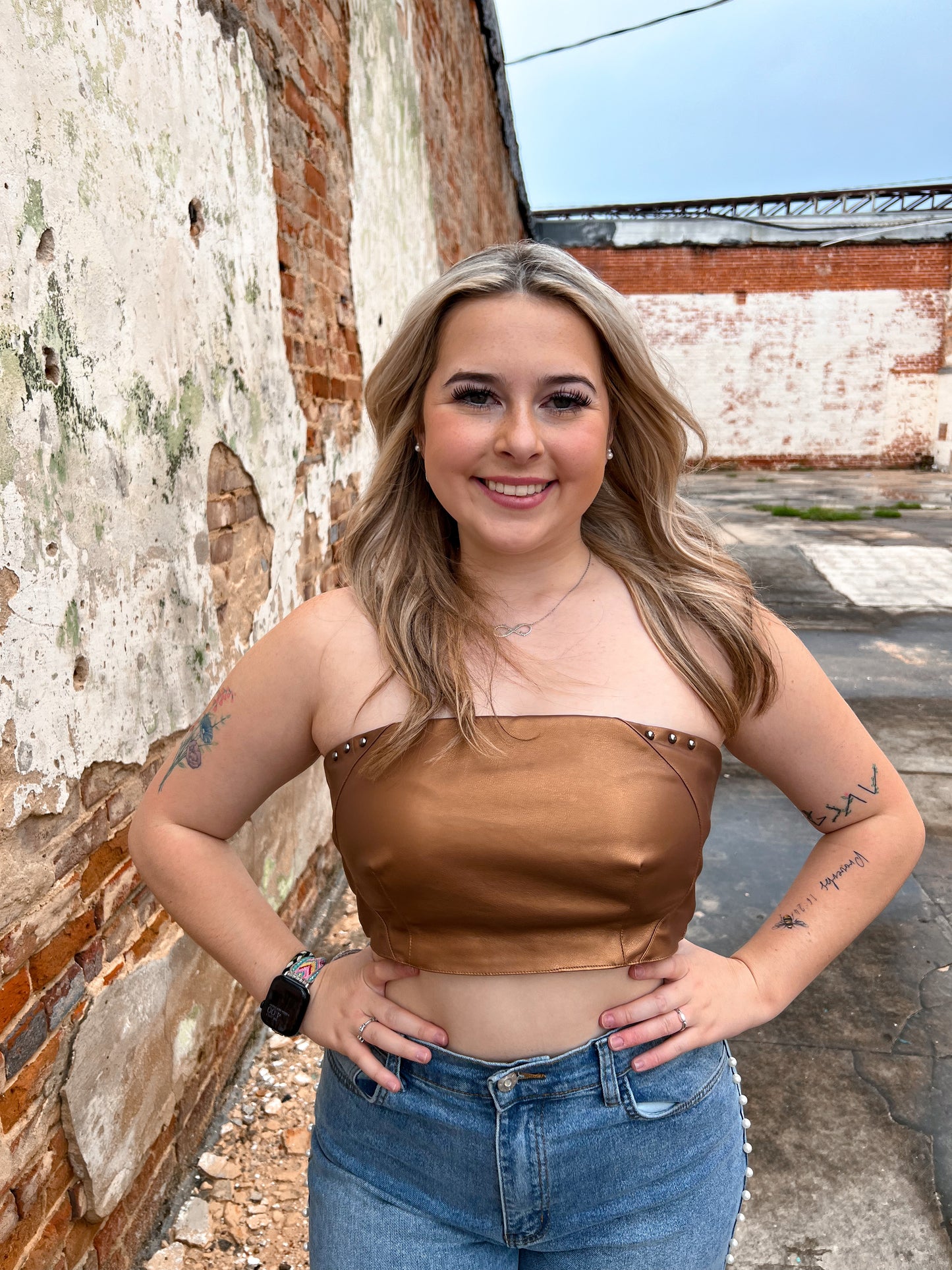 Charlie Faux Leather Studded Buckle Crop Tube Top-Tube Top-blue b.-08/08/24,1st md,34910T,BIN A2,Max Retail,Tops Collection,western & concert-The Twisted Chandelier