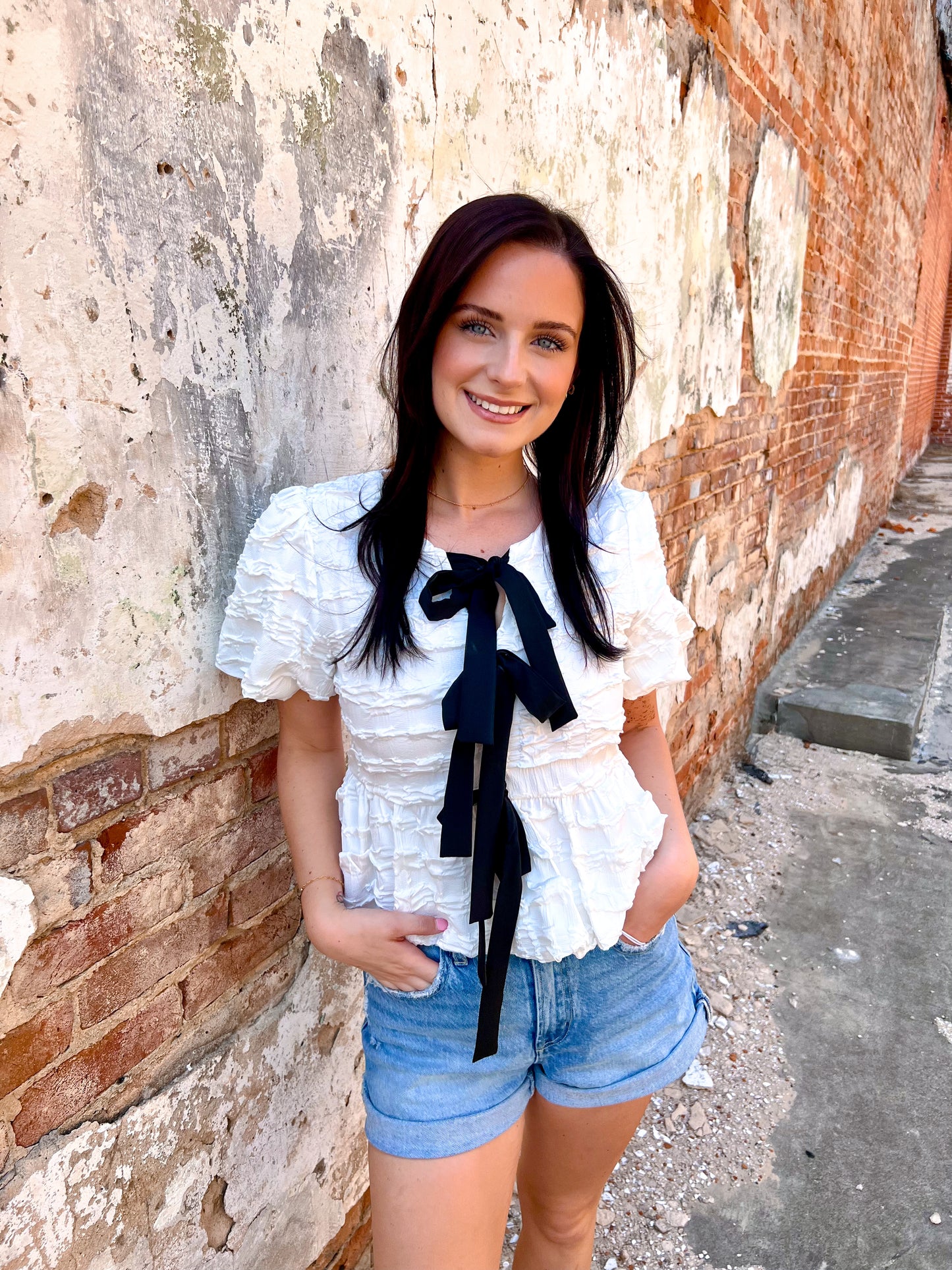 Brooklyn Bubble Babydoll Blouse With Textured Fabric And Contrast Bow-Blouse-idem ditto-Bin B1,FD 02/18/25,Tops Collection-The Twisted Chandelier