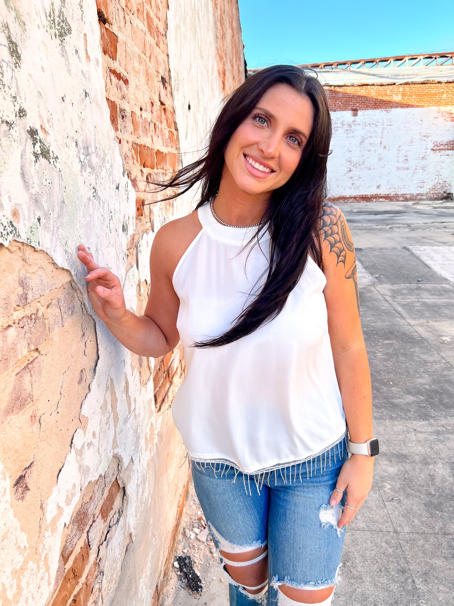 Maelani White Top With Rhinestone Fringe-Shirt-Southern Grace Wholesale-6/27/23-The Twisted Chandelier