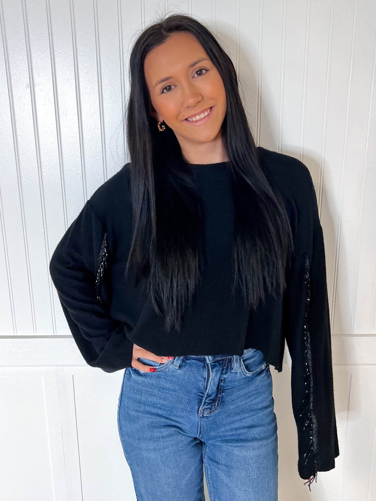 Valentina Black Sweater Rhinestone Fringed Sleeves-Sweater-Vocal-20005L,Max Retail,not on the floor only in totes,Winter Tote T1-The Twisted Chandelier