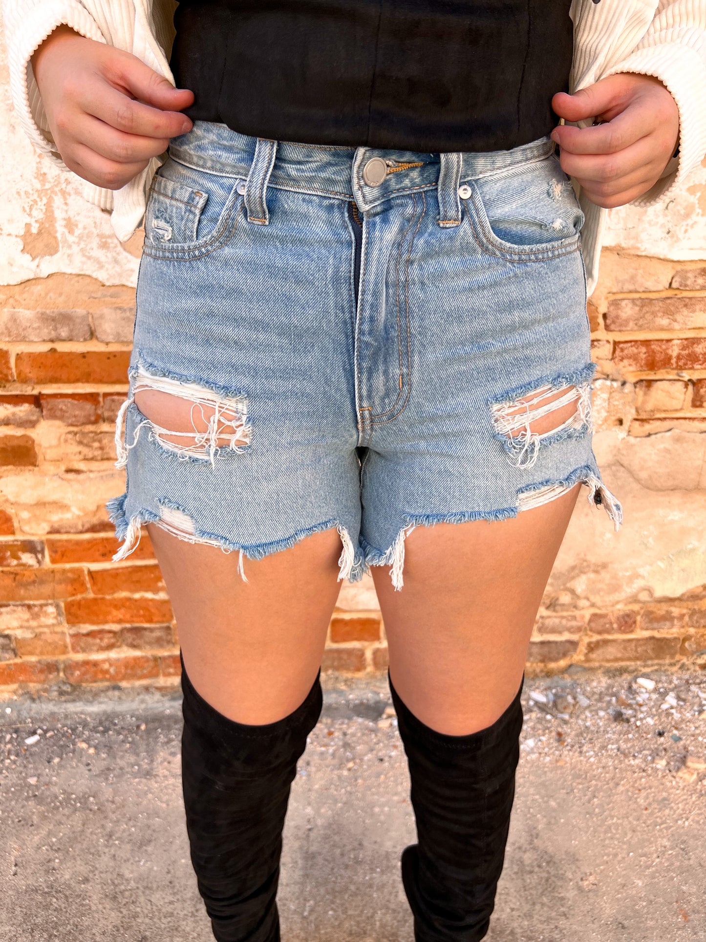 Kirby Light Denim Destroyed Shorts-Shorts-just black denim-7/11/23, BIN D5-The Twisted Chandelier