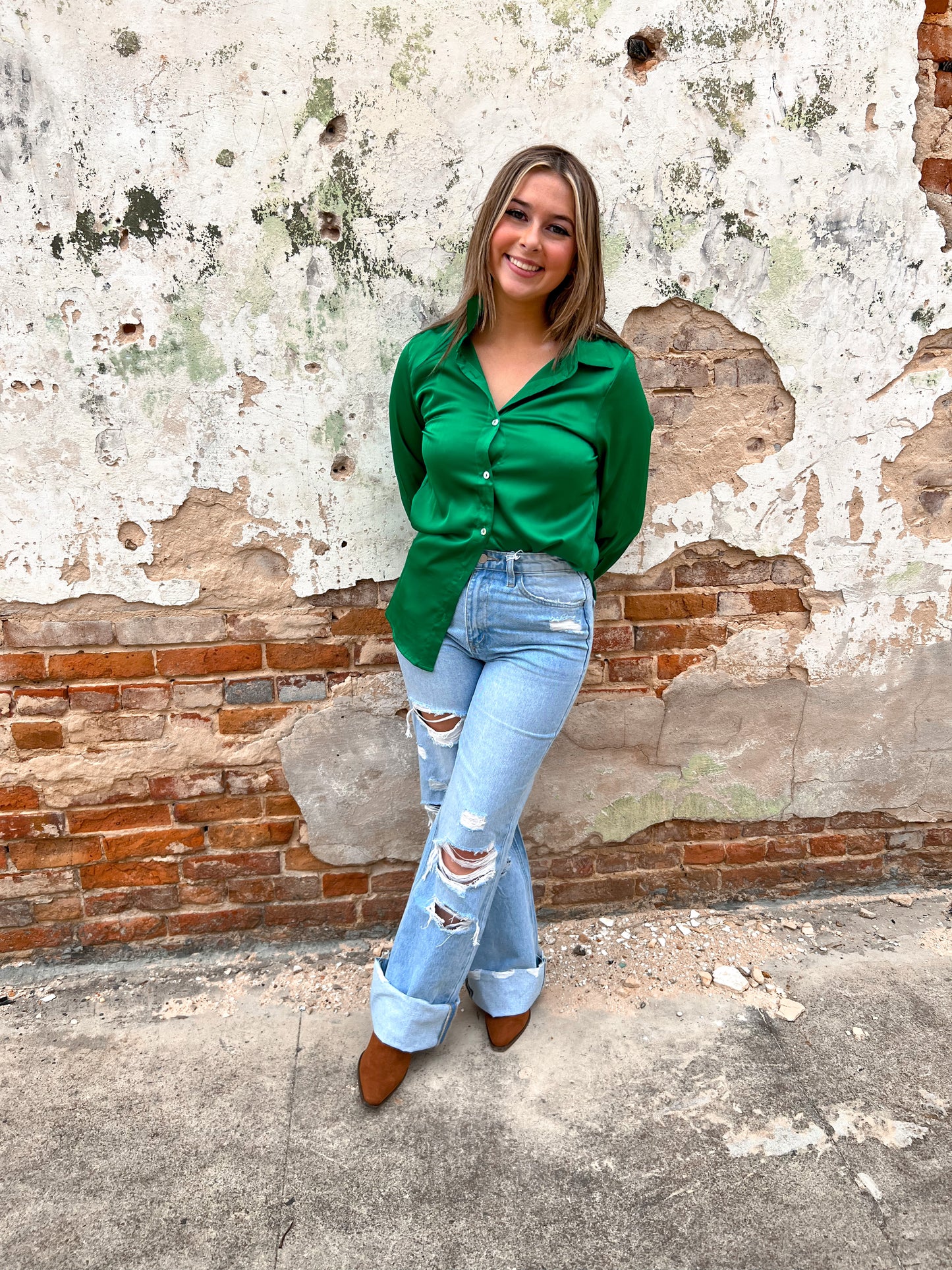 Lillie Green Silk Long Sleeve Top-TOPS-Your Fashion Wholesale-bin c3-The Twisted Chandelier