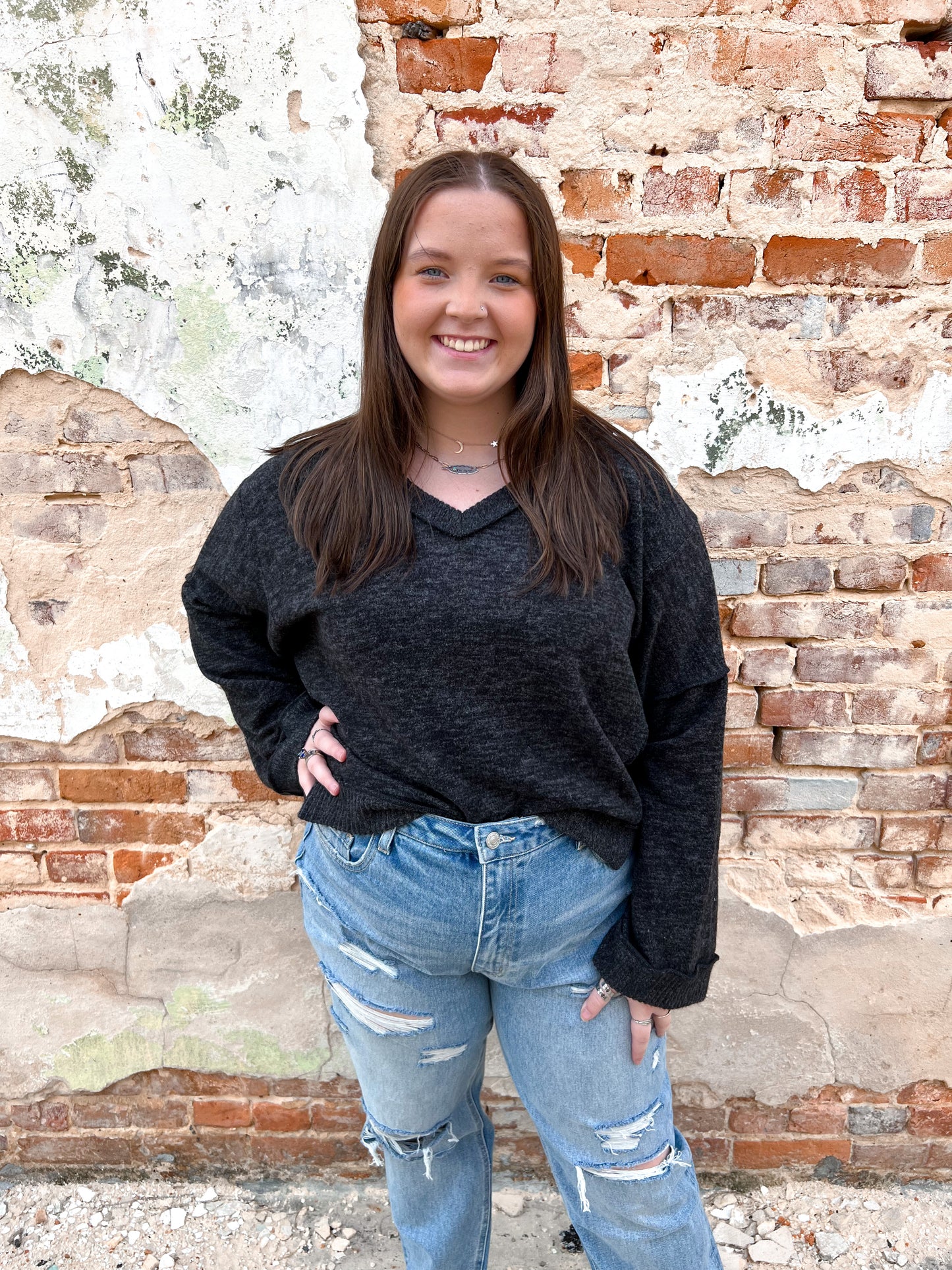Willa V Neck Sweater - Charcoal - Plus Size-Shirts & Tops-CY Fashion-blue, FAVES, M5107, M5107P, NOV2021, t5-The Twisted Chandelier