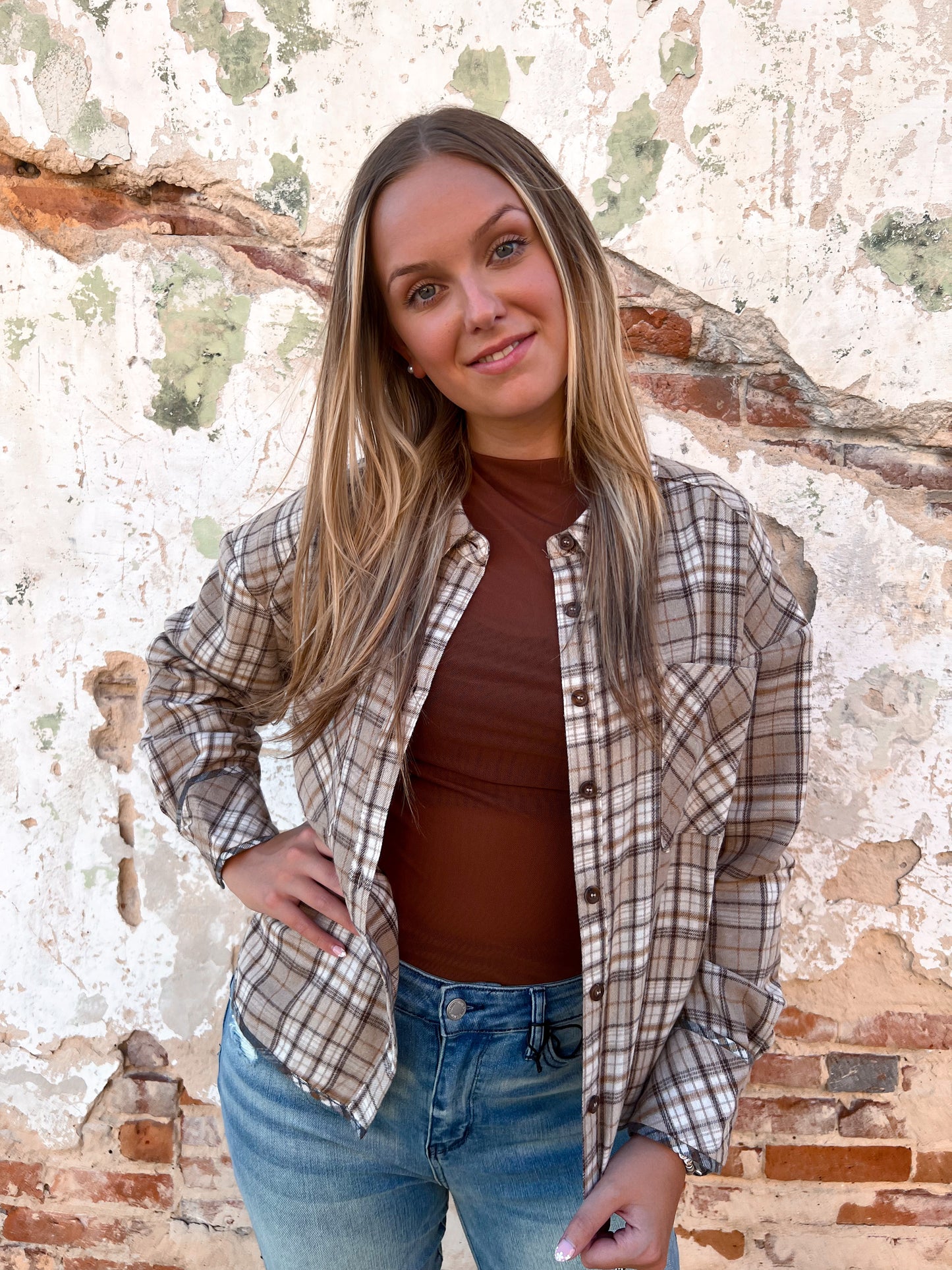 Bernice Cuff Detail Plaid Oversized Button Up Shirt - Beige-Top-VERY J-BIN A4-The Twisted Chandelier