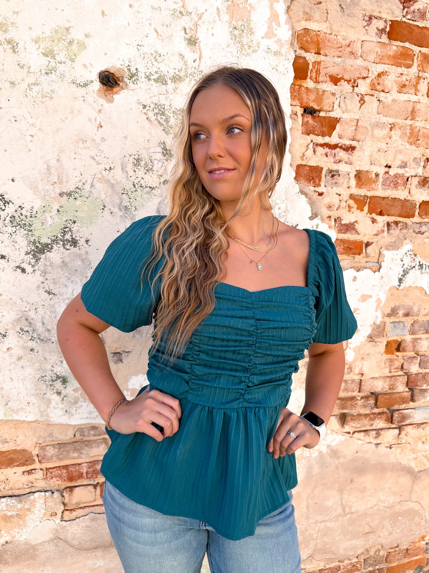 Makayla Textured Sweetheart Neckline Puff Sleeve Top-Top-Entro-7/25/23-The Twisted Chandelier