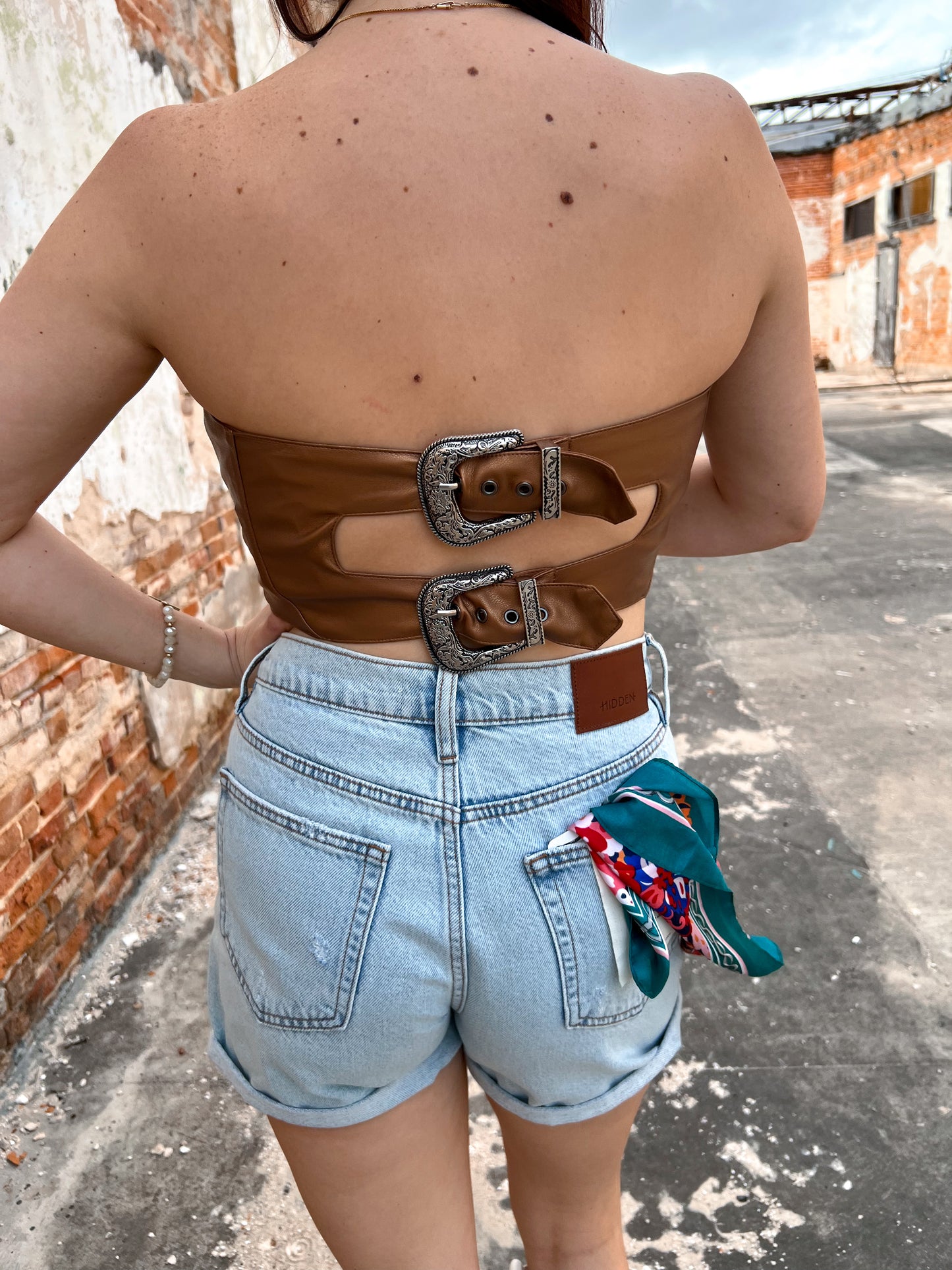 Charlie Faux Leather Studded Buckle Crop Tube Top-Tube Top-blue b.-08/08/24,1st md,34910T,Bin c1,Max Retail,Tops Collection,western & concert-The Twisted Chandelier