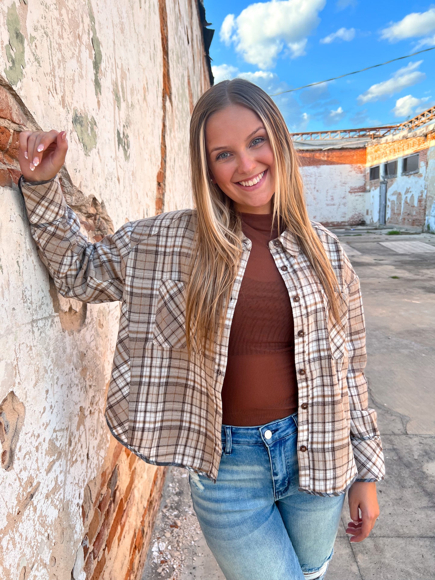 Bernice Cuff Detail Plaid Oversized Button Up Shirt - Beige-Top-VERY J-BIN A4-The Twisted Chandelier