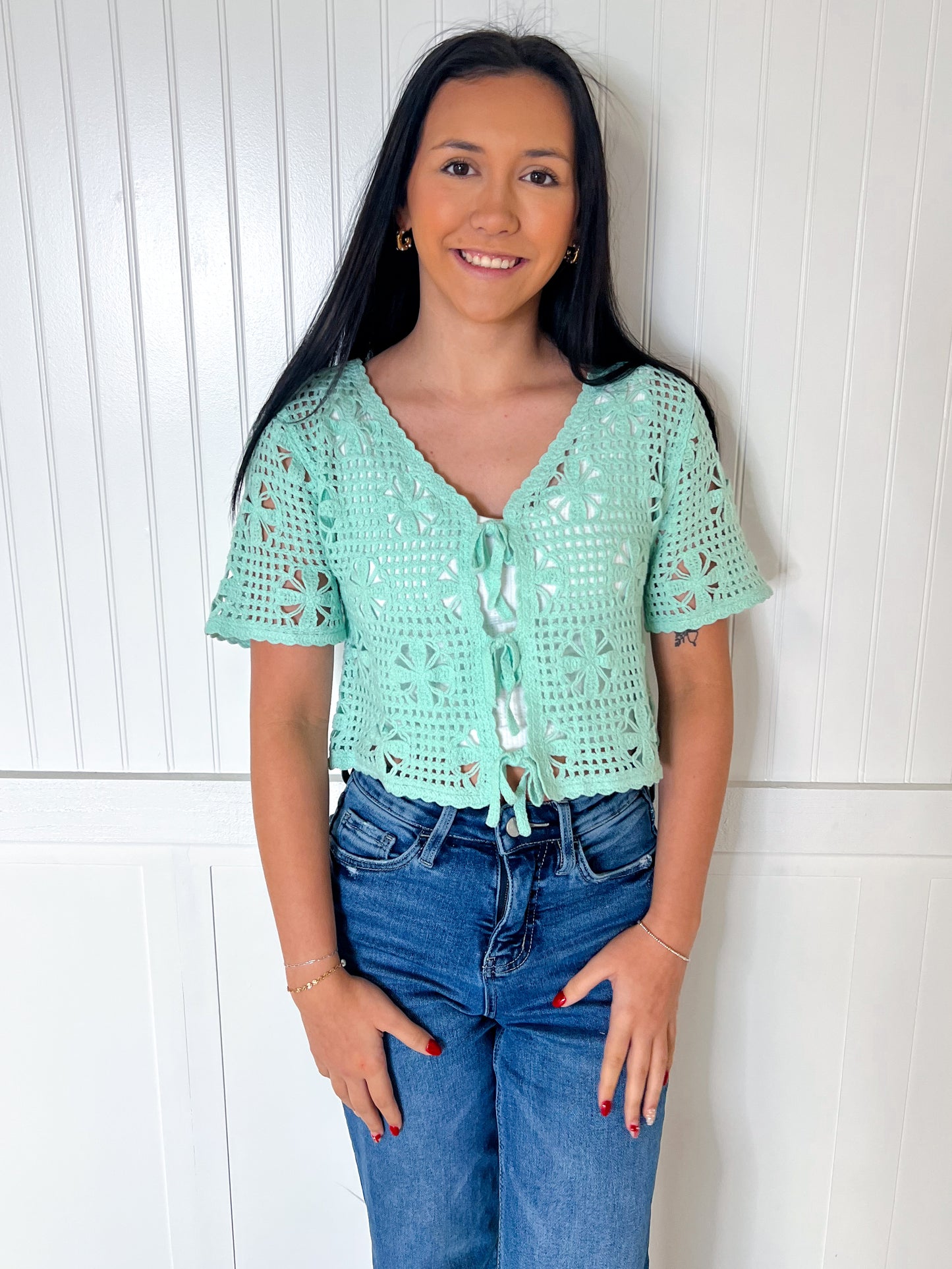 Khari Front Tie Crochet Casual Crop Top - Mint-VERY J-07/24/25,1st md,Bin B4,FD 06/17/25,OGP 24,Tops Collection-The Twisted Chandelier