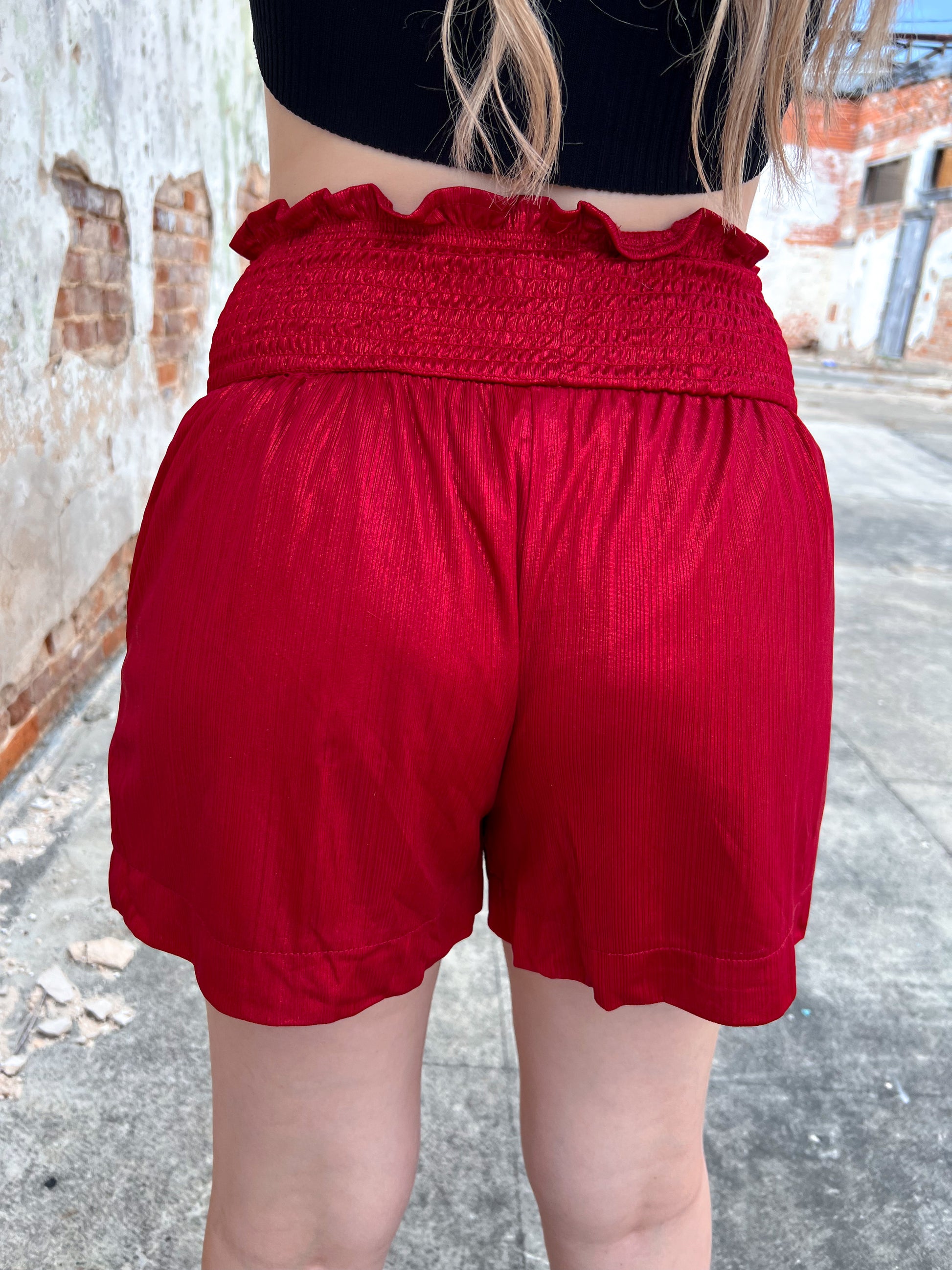 Red High Waisted Shimmer Shorts-Shorts-Southern Grace Wholesale-BIN A5, Max Retail-The Twisted Chandelier
