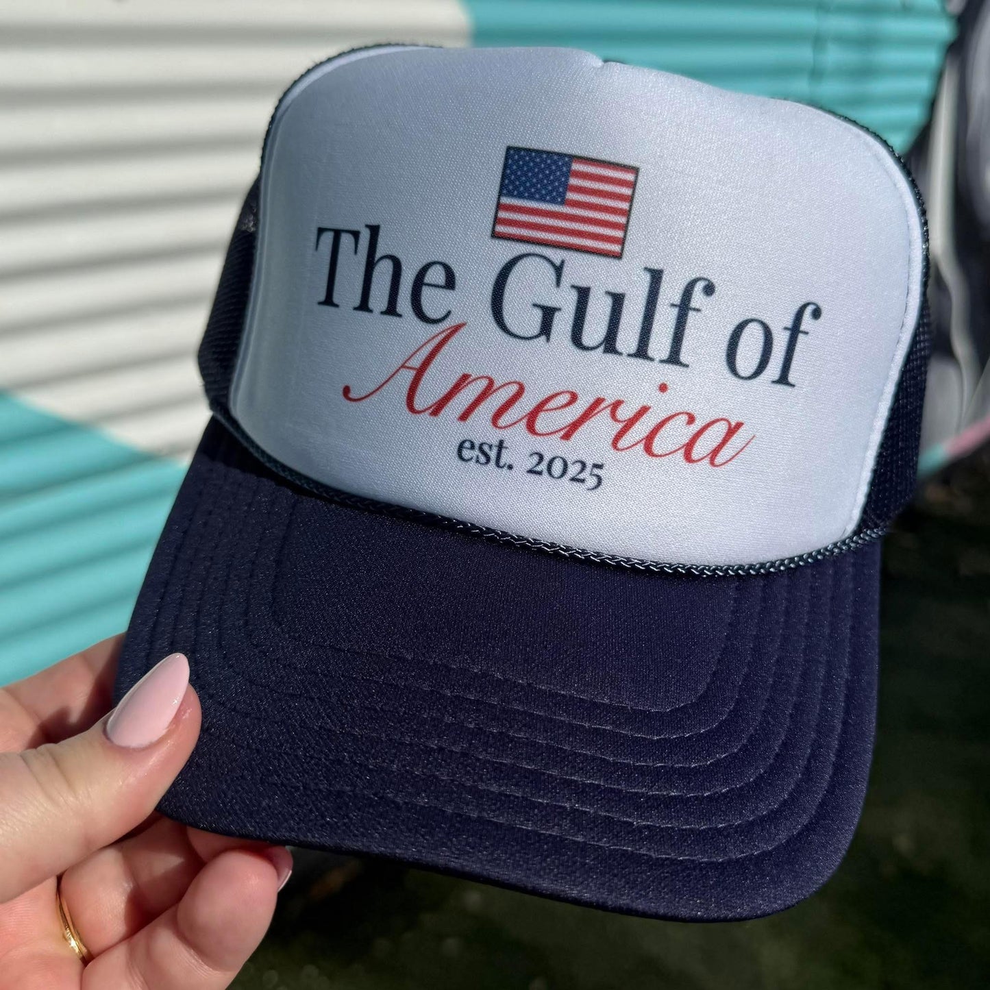 Gulf of America Snapback Foam Trucker Hat-Trucker Hat-Turquoise & Tequila-CR 04/21/25-The Twisted Chandelier