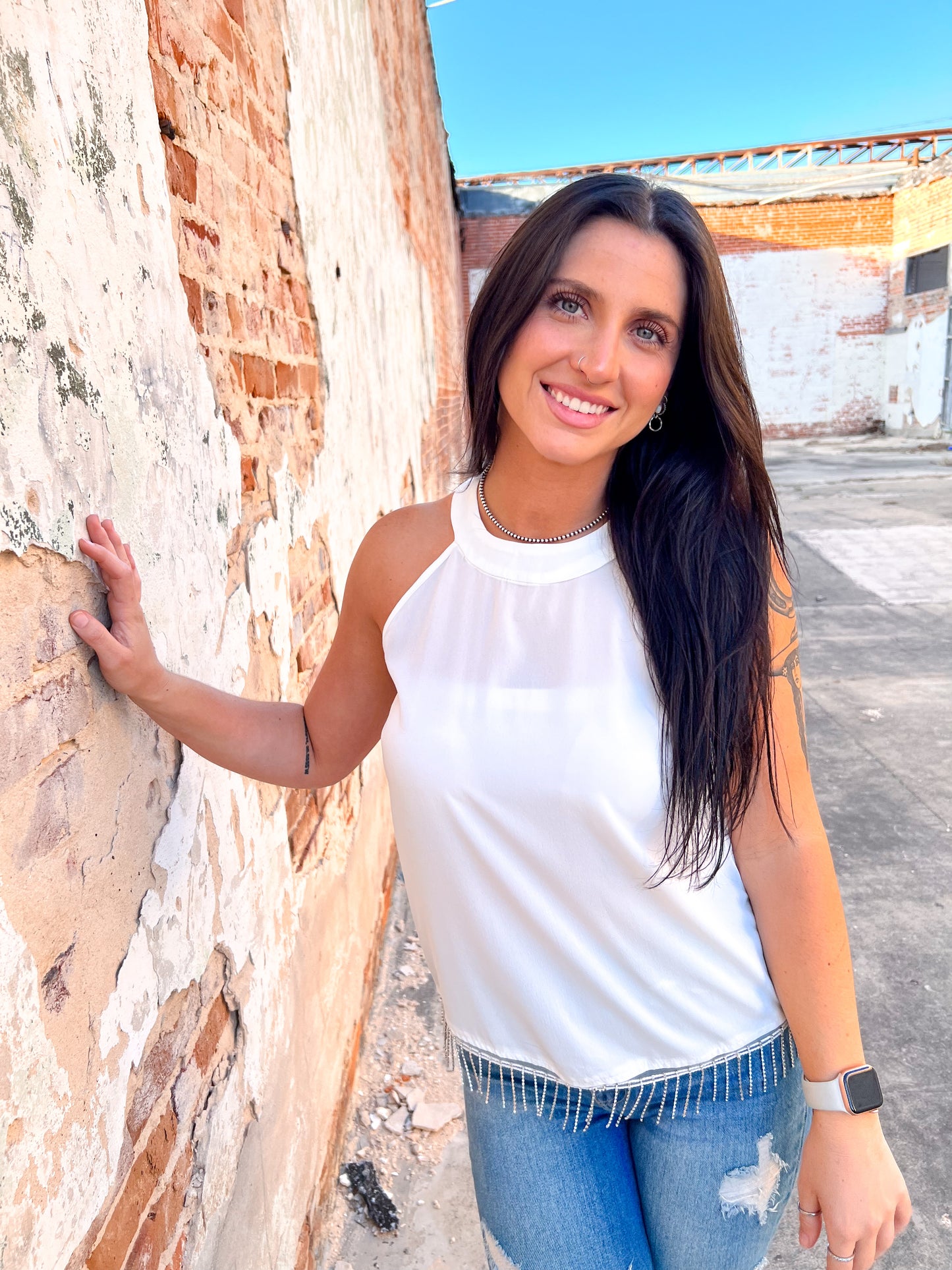 Maelani White Top With Rhinestone Fringe-Shirt-Southern Grace Wholesale-6/27/23-The Twisted Chandelier