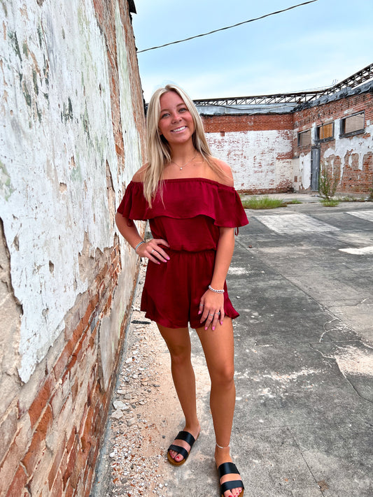 Mila Off The Shoulder Satin Romper-Romper-She & Sky-& Jumpsuits,08/18/24,1st md,BIN A 3,DJR,Dresses,gameday,Max Retail,OGP 49.99,Rompers,SS8084-The Twisted Chandelier